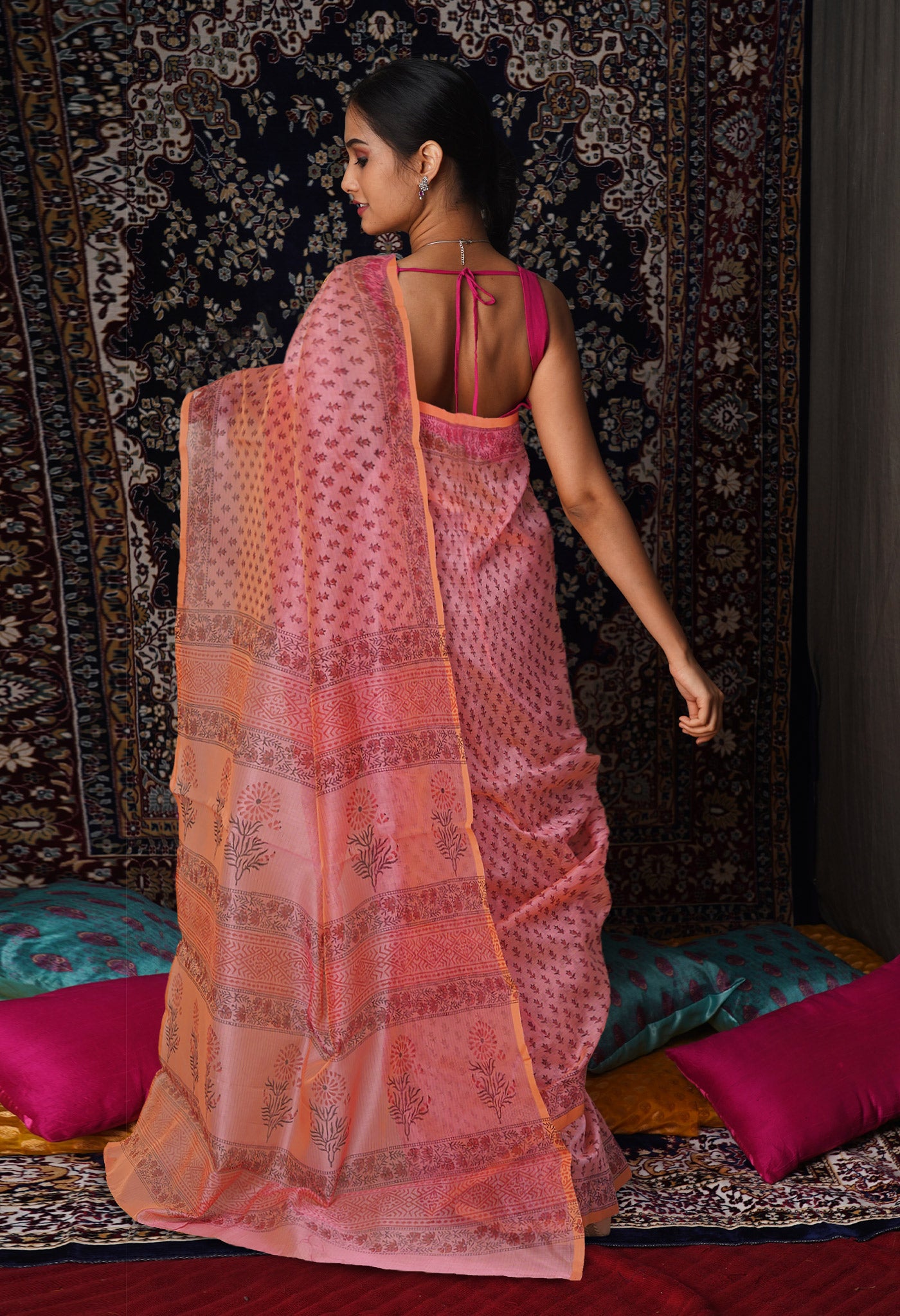 Pink  Block Printed Supernet Saree-UNM79423