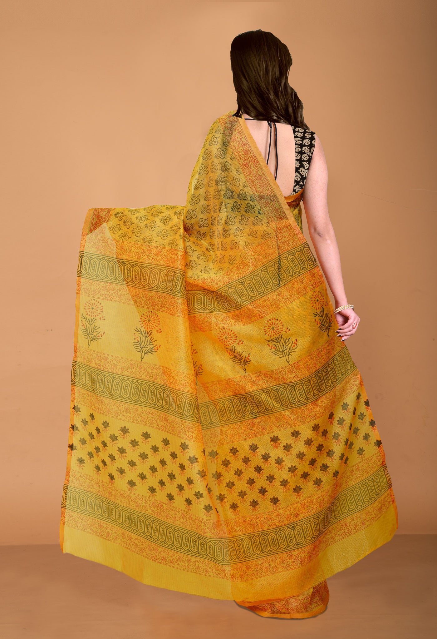 Yellow  Block Printed Supernet Saree-UNM79424