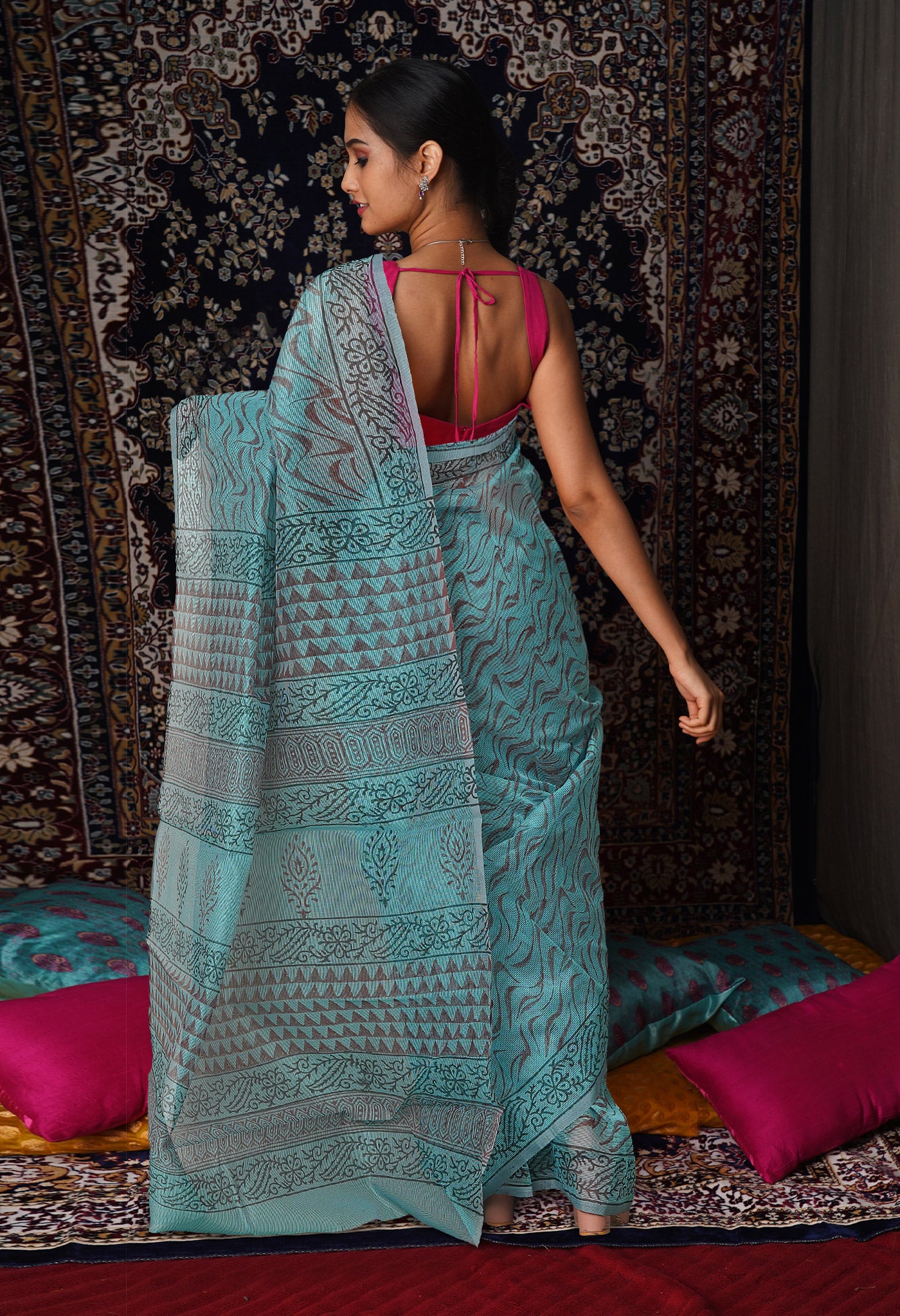 Turquoise Blue  Block Printed Supernet Saree-UNM79425