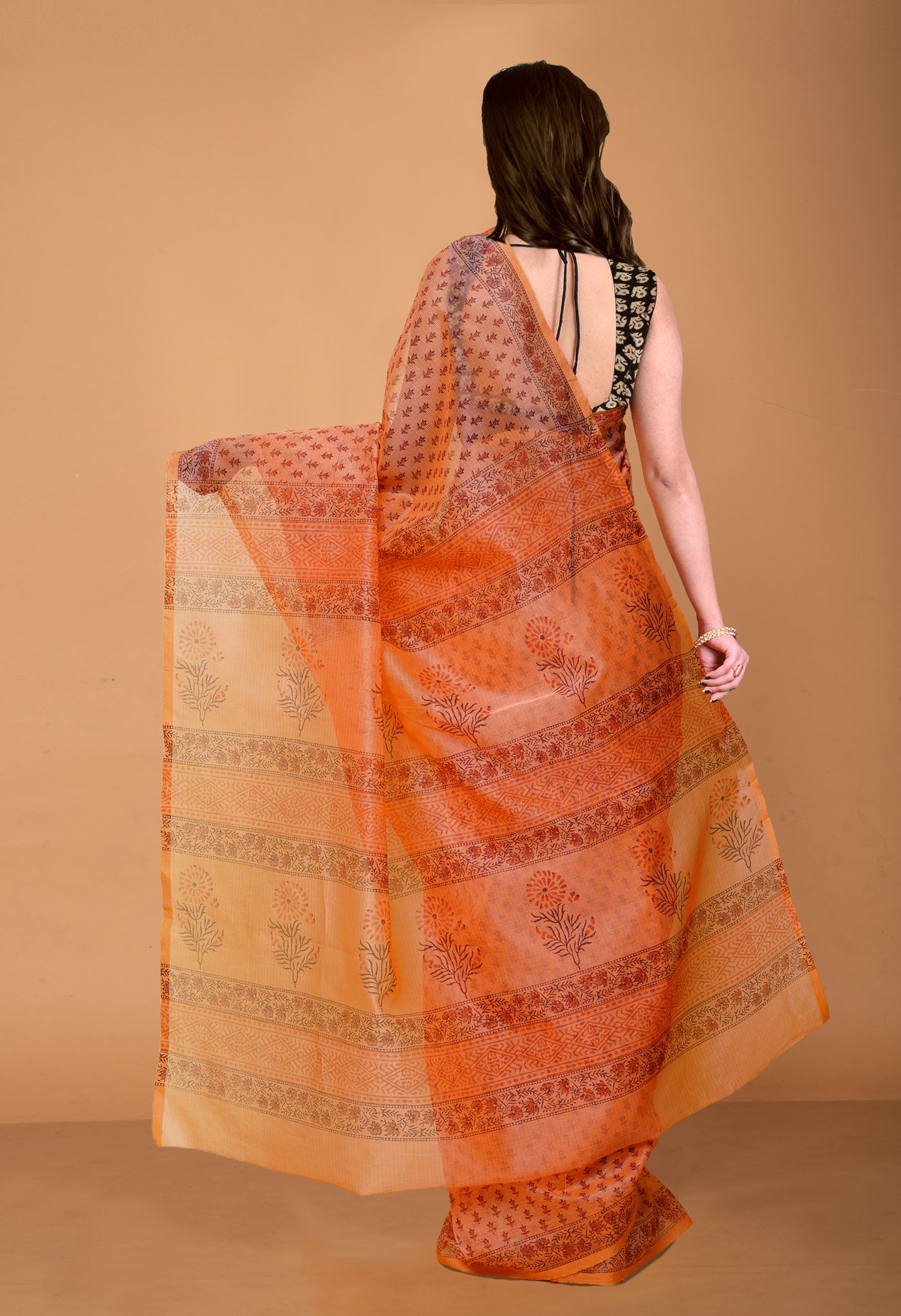 Orange  Block Printed Supernet Saree-UNM79427