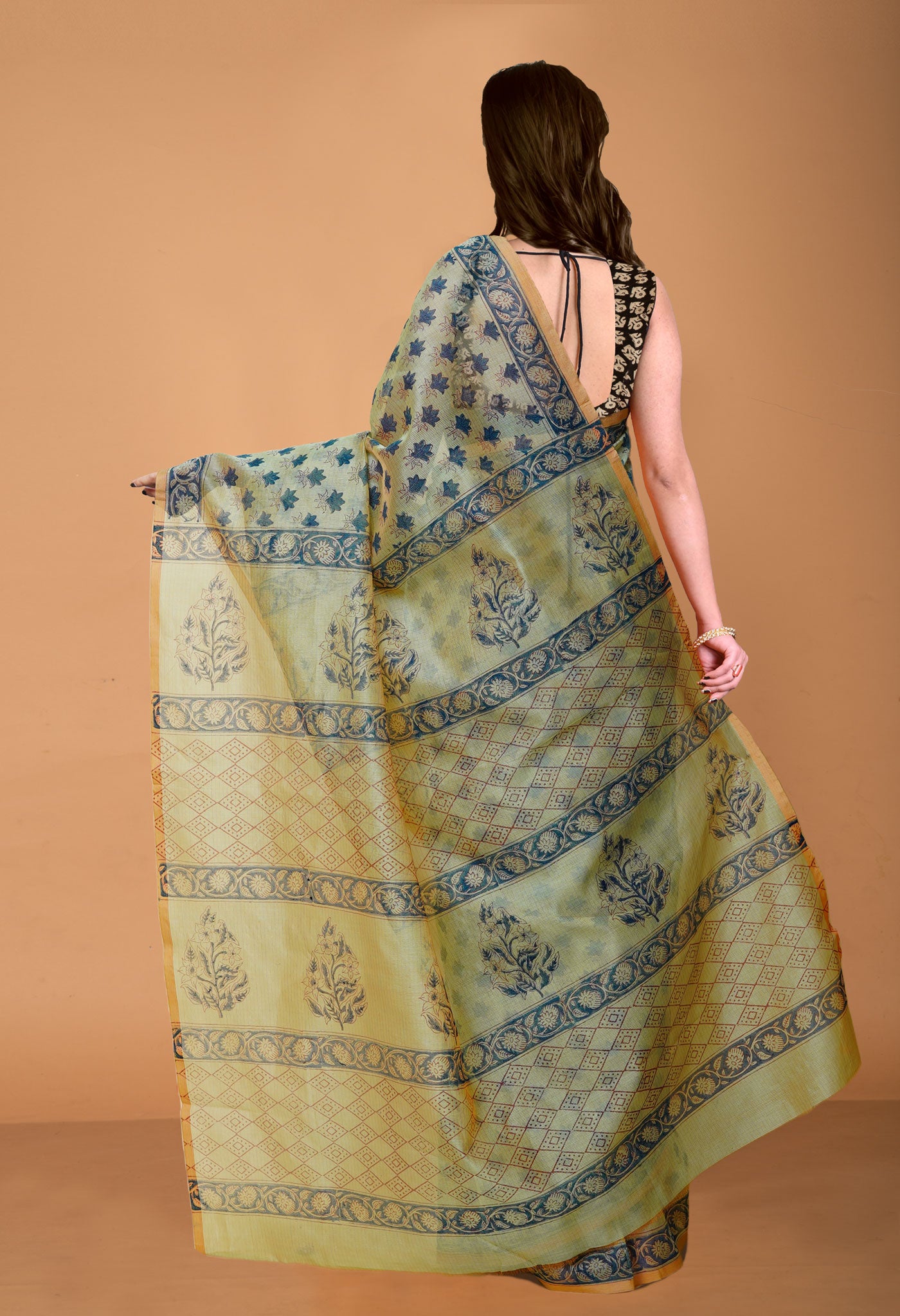 Green  Block Printed Supernet Saree-UNM79428