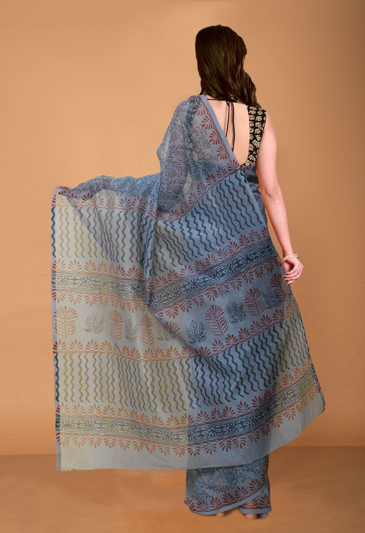 Grey  Block Printed Supernet Saree-UNM79429