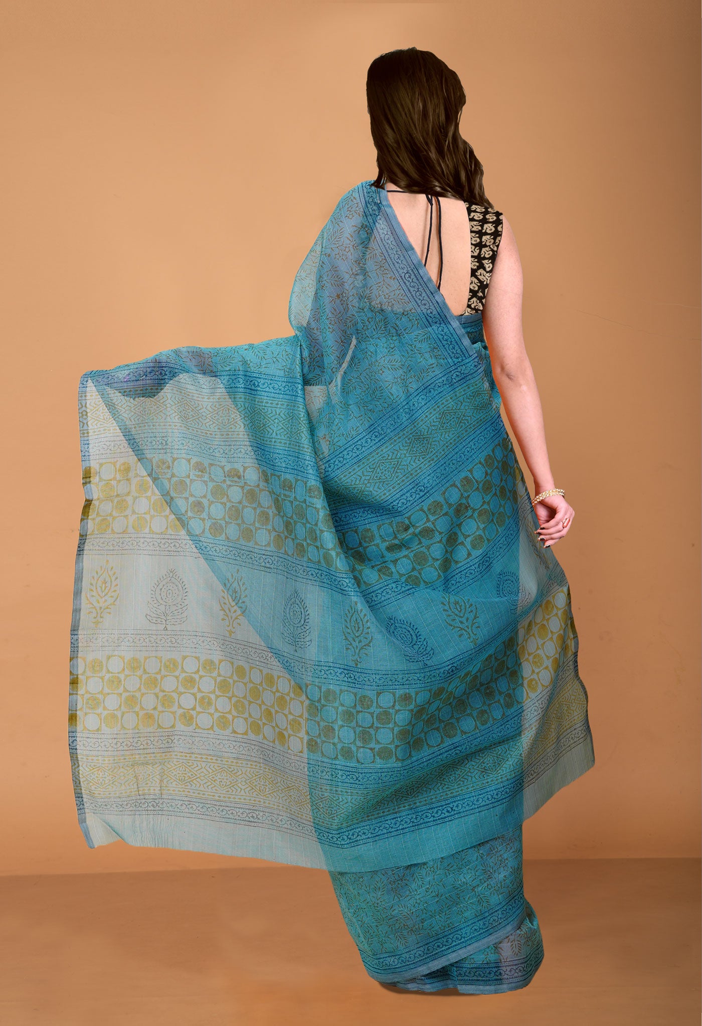 Turquoise Blue  Block Printed Supernet Saree-UNM79430