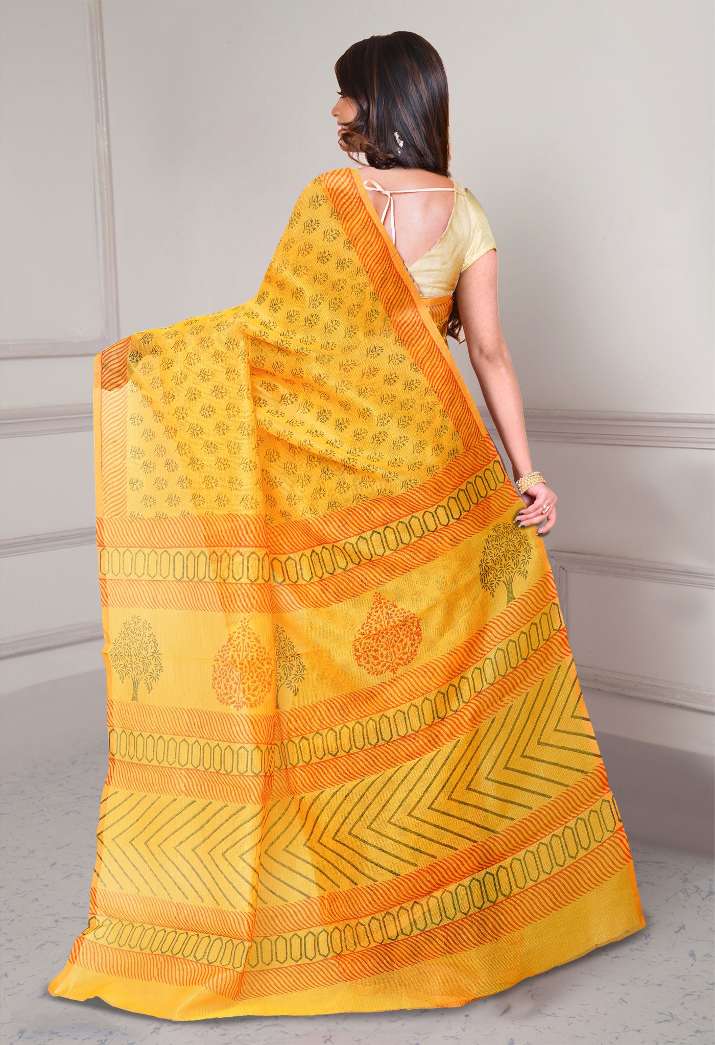 Yellow  Block Printed Supernet Saree-UNM79431