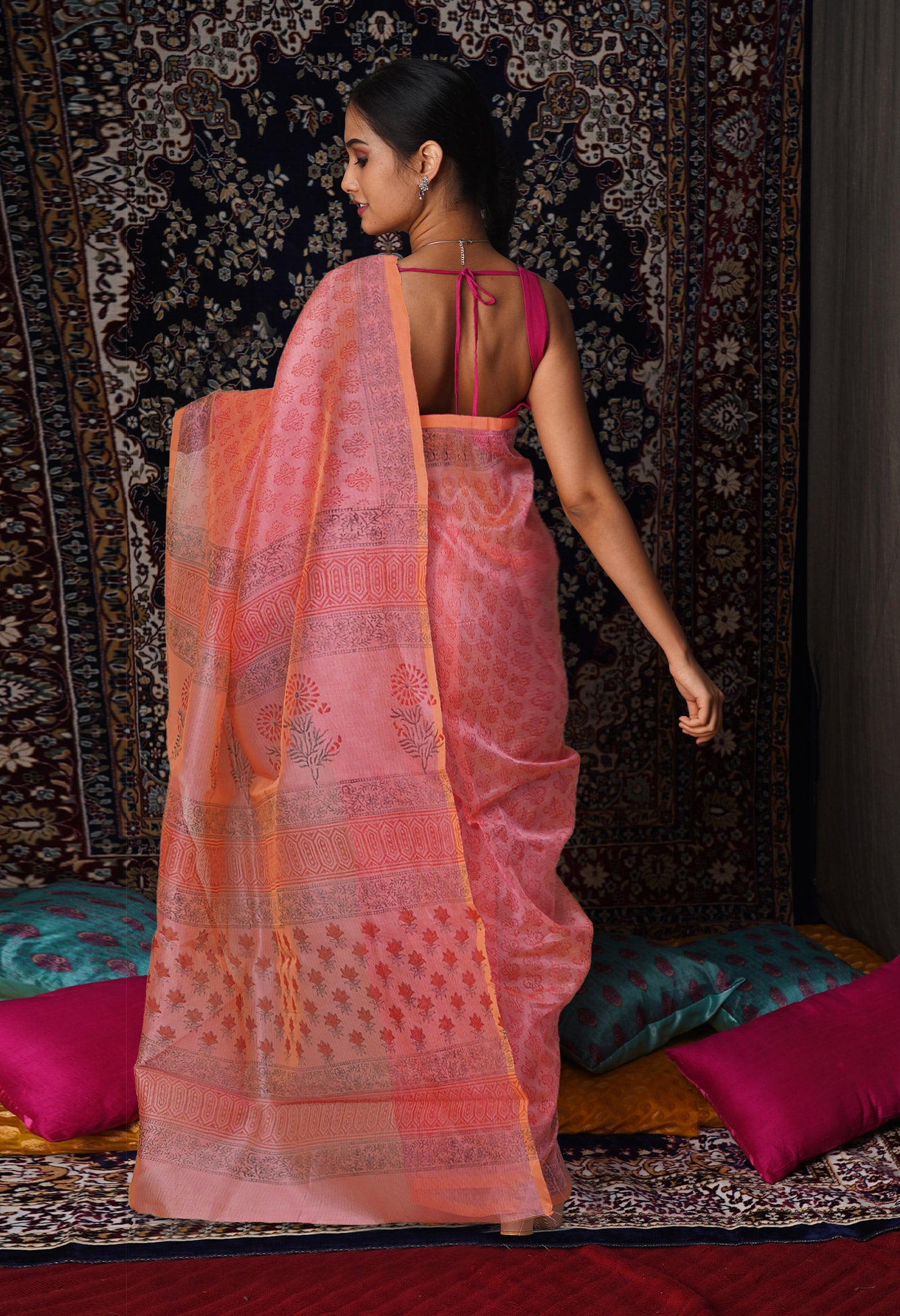 Pink  Block Printed Supernet Saree-UNM79432