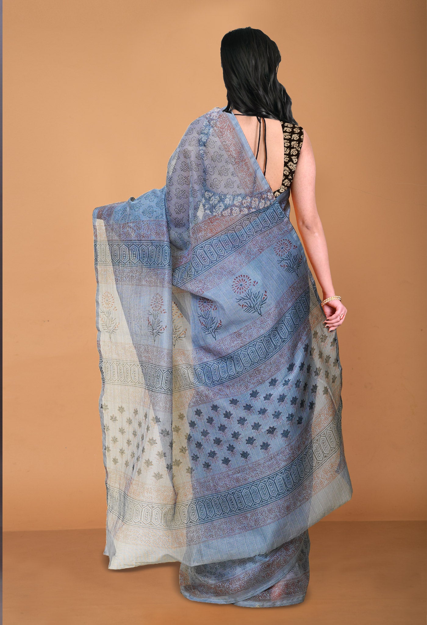 Grey  Block Printed Supernet Saree-UNM79433