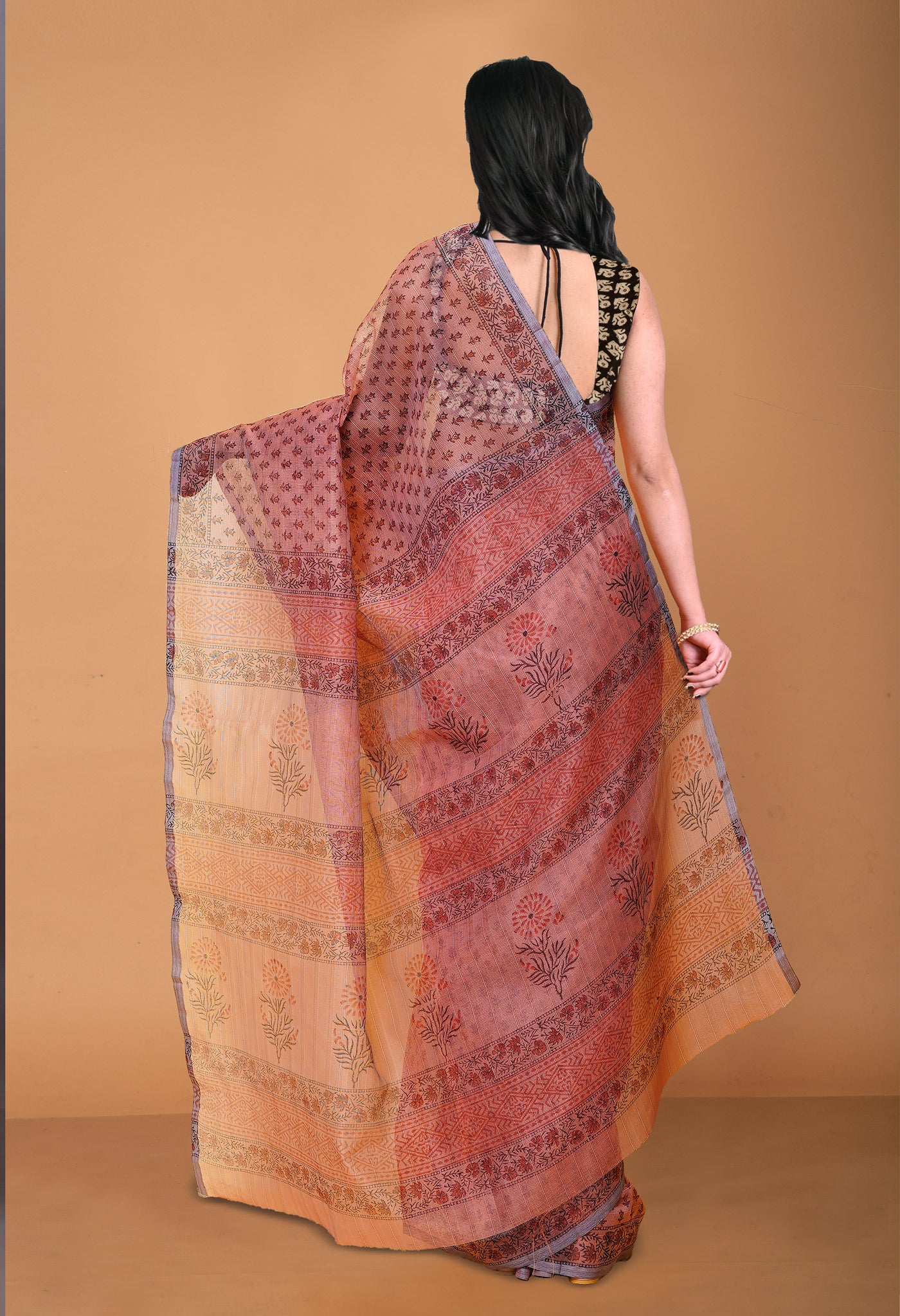 Pastel Peach Pink  Block Printed Supernet Saree-UNM79434