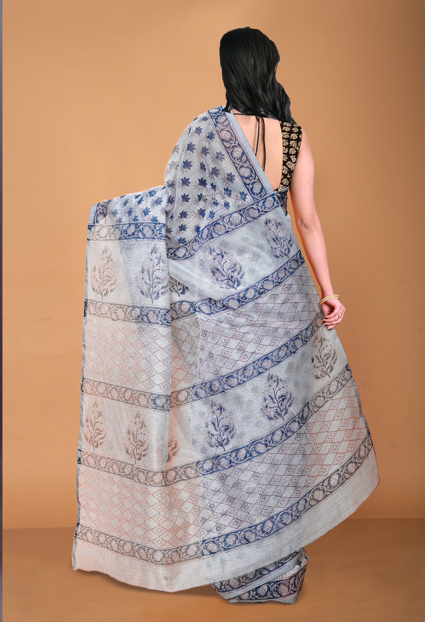 Grey  Block Printed Supernet Saree-UNM79435