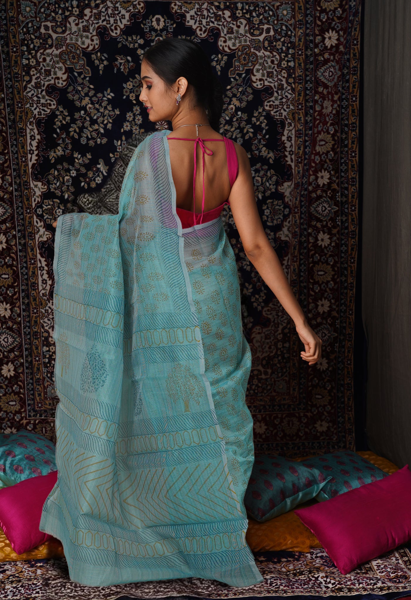 Turquoise Blue  Block Printed Supernet Saree-UNM79436