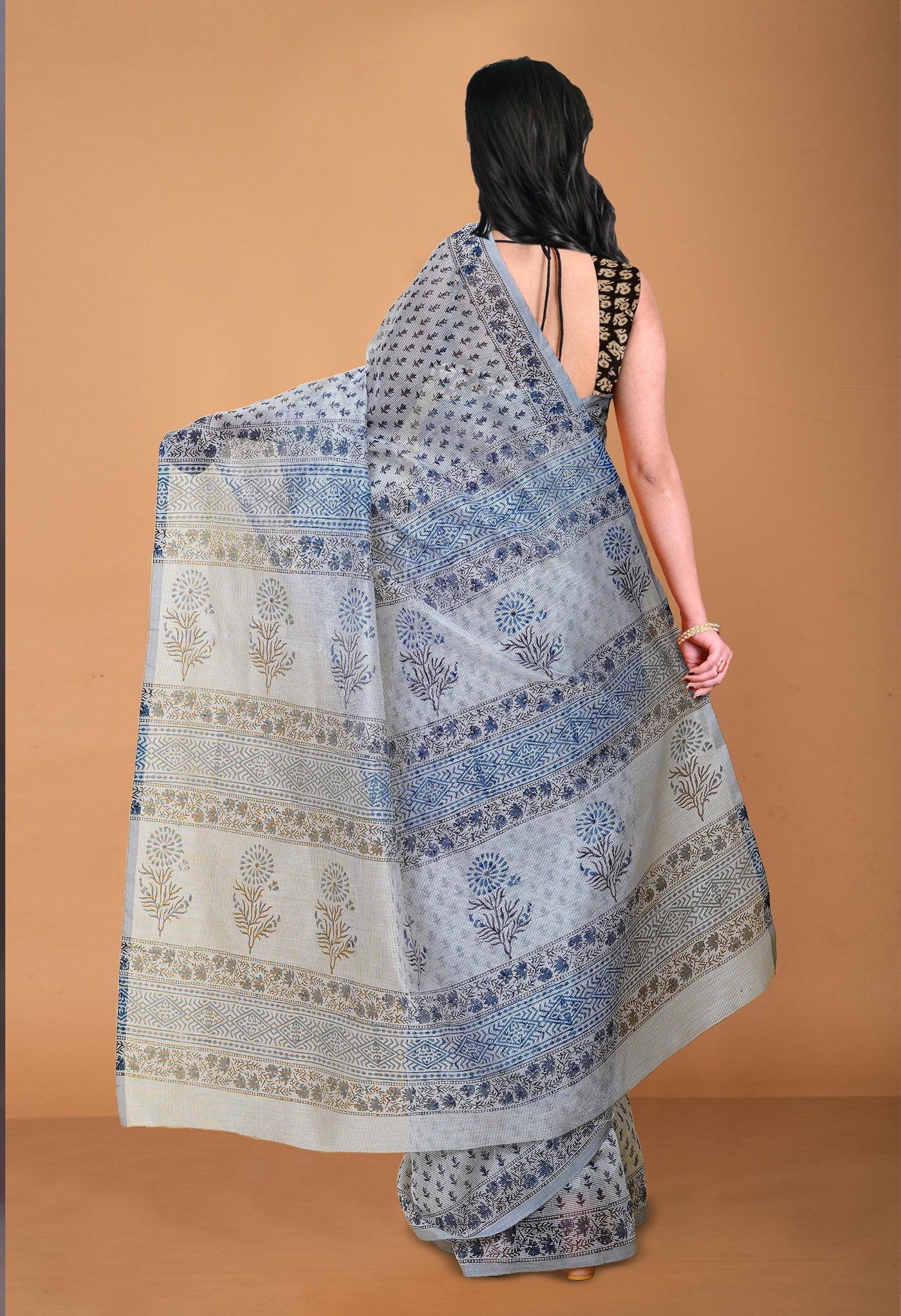 Grey  Block Printed Supernet Saree-UNM79438