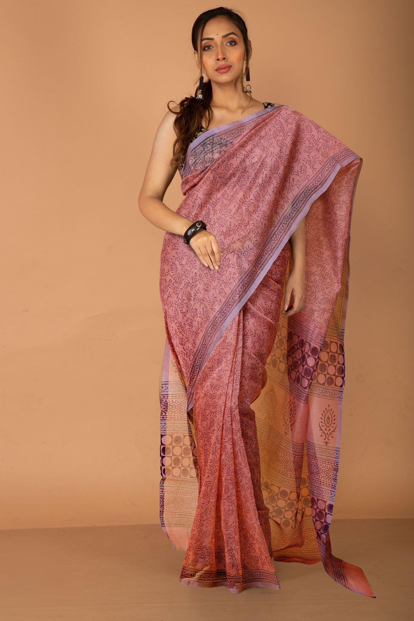 Pastel Peach Pink  Block Printed Supernet Saree-UNM79439