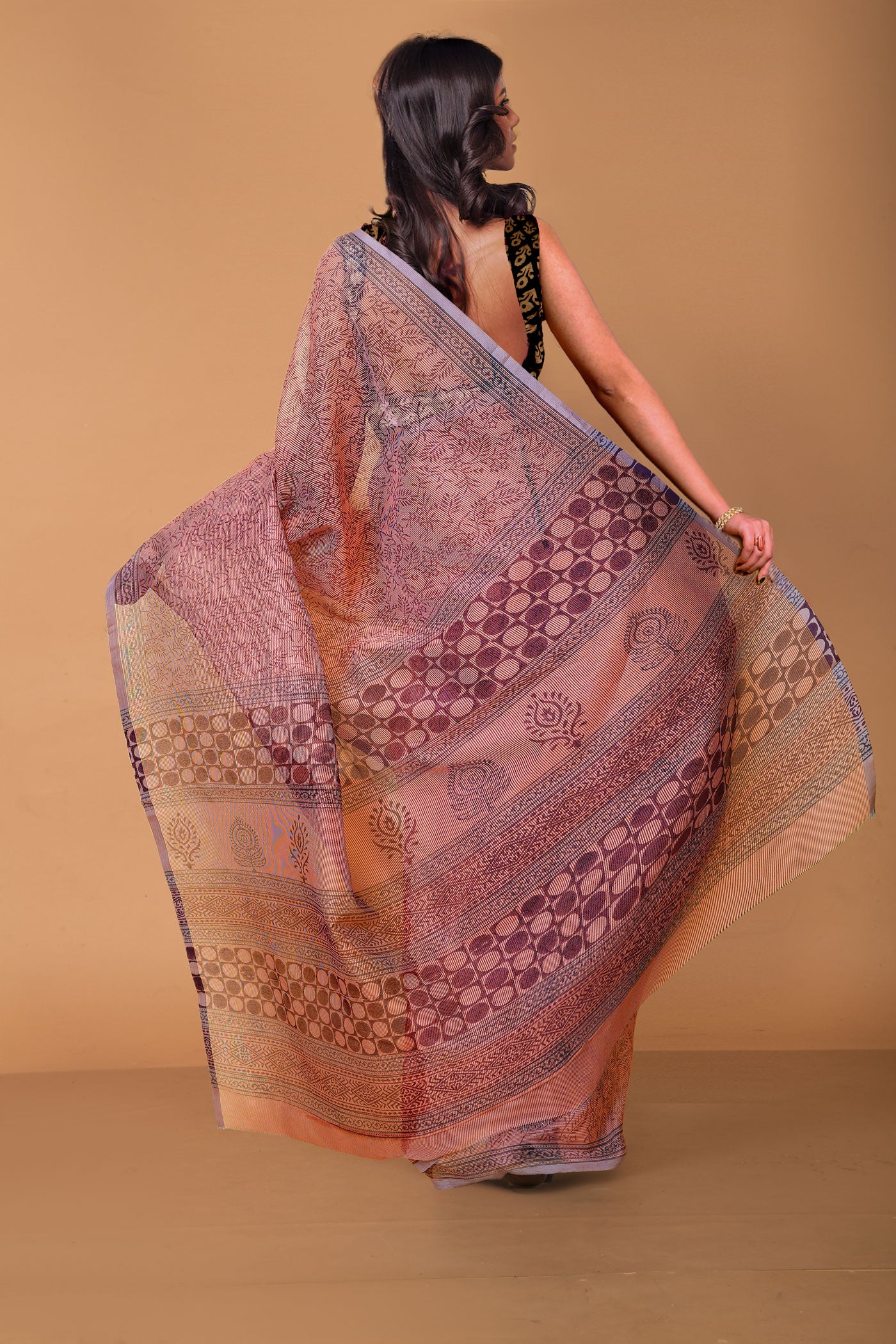 Pastel Peach Pink  Block Printed Supernet Saree-UNM79439