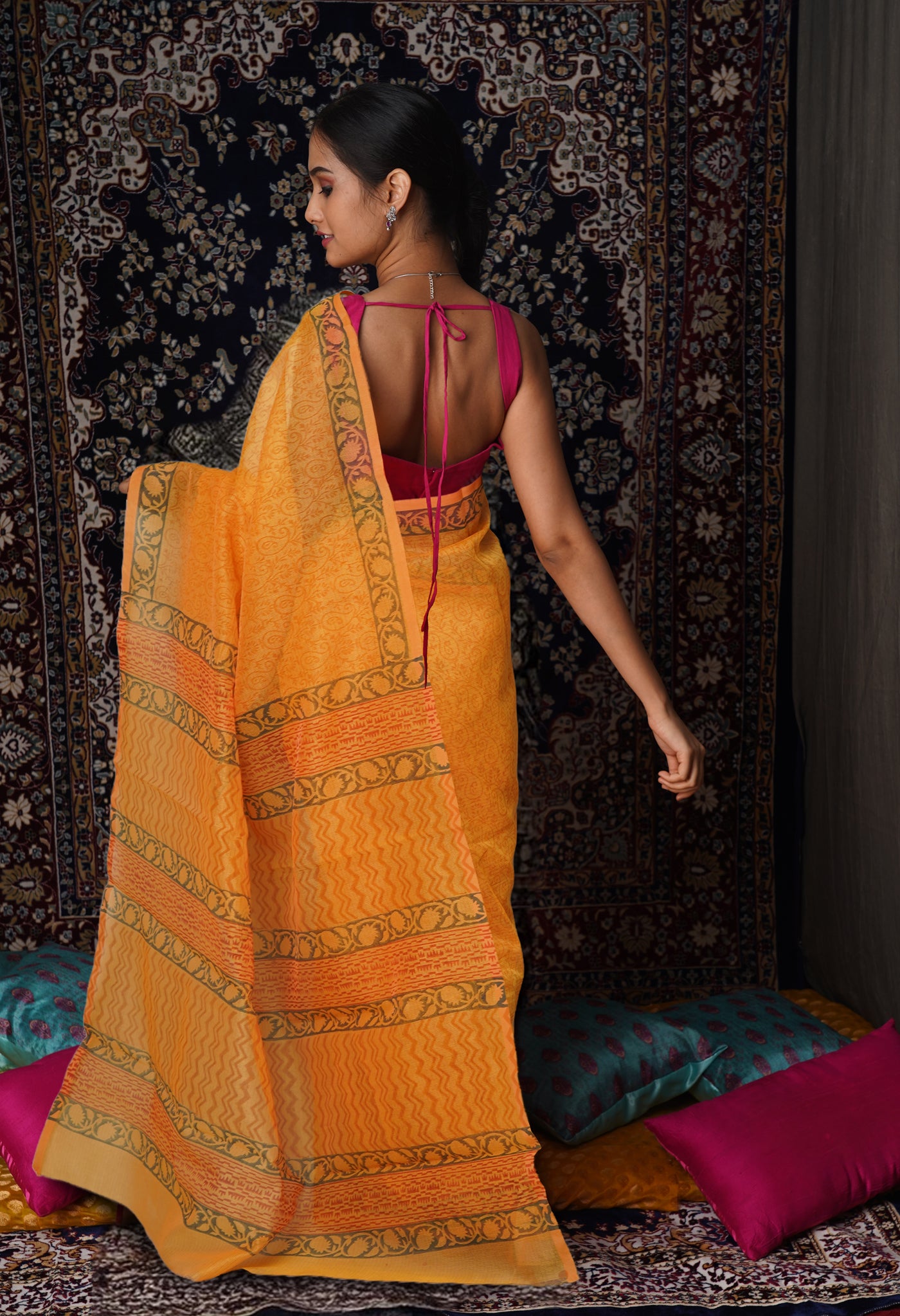 Yellow  Block Printed Supernet Saree-UNM79440