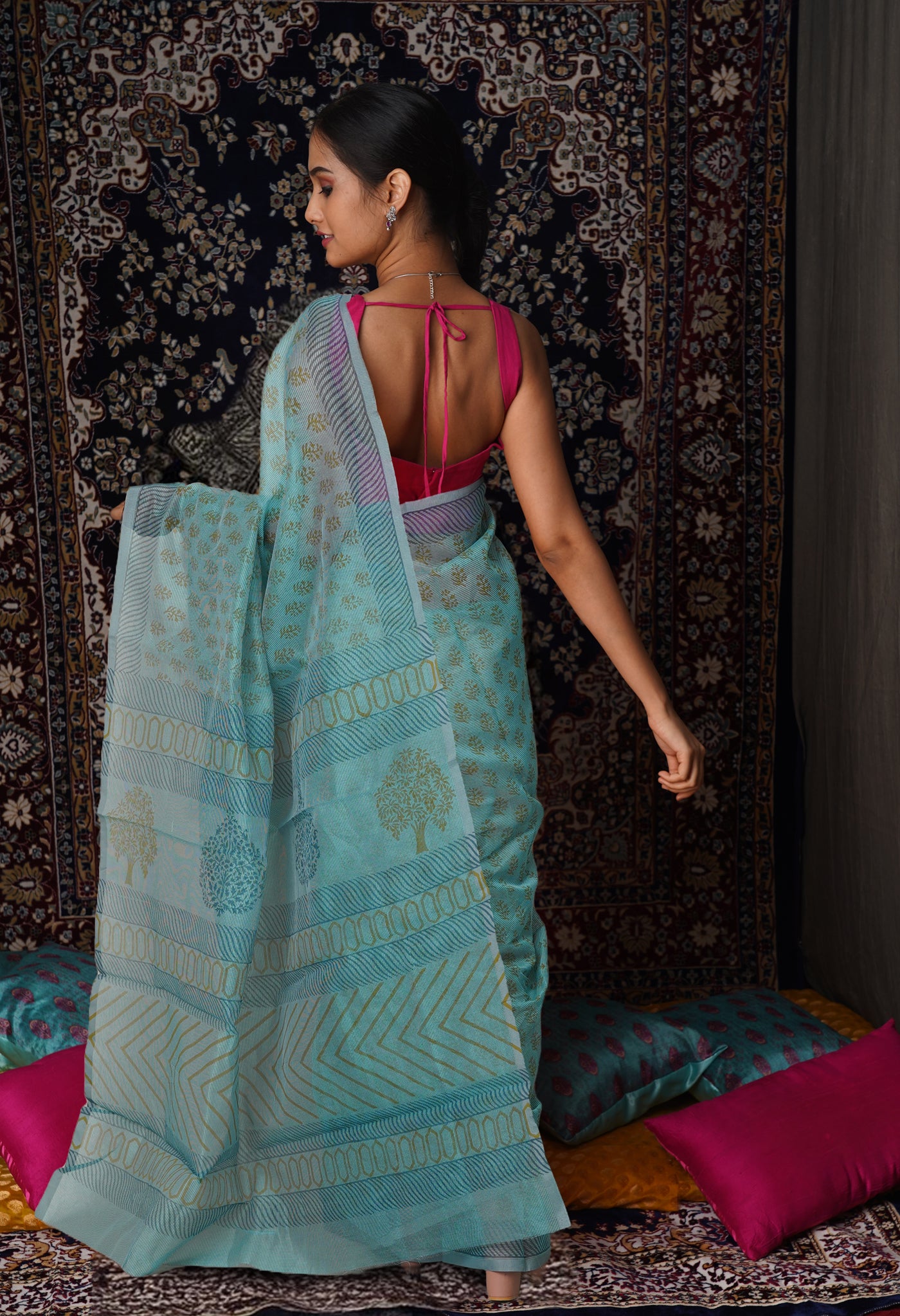 Turquoise Blue  Block Printed Supernet Saree-UNM79441