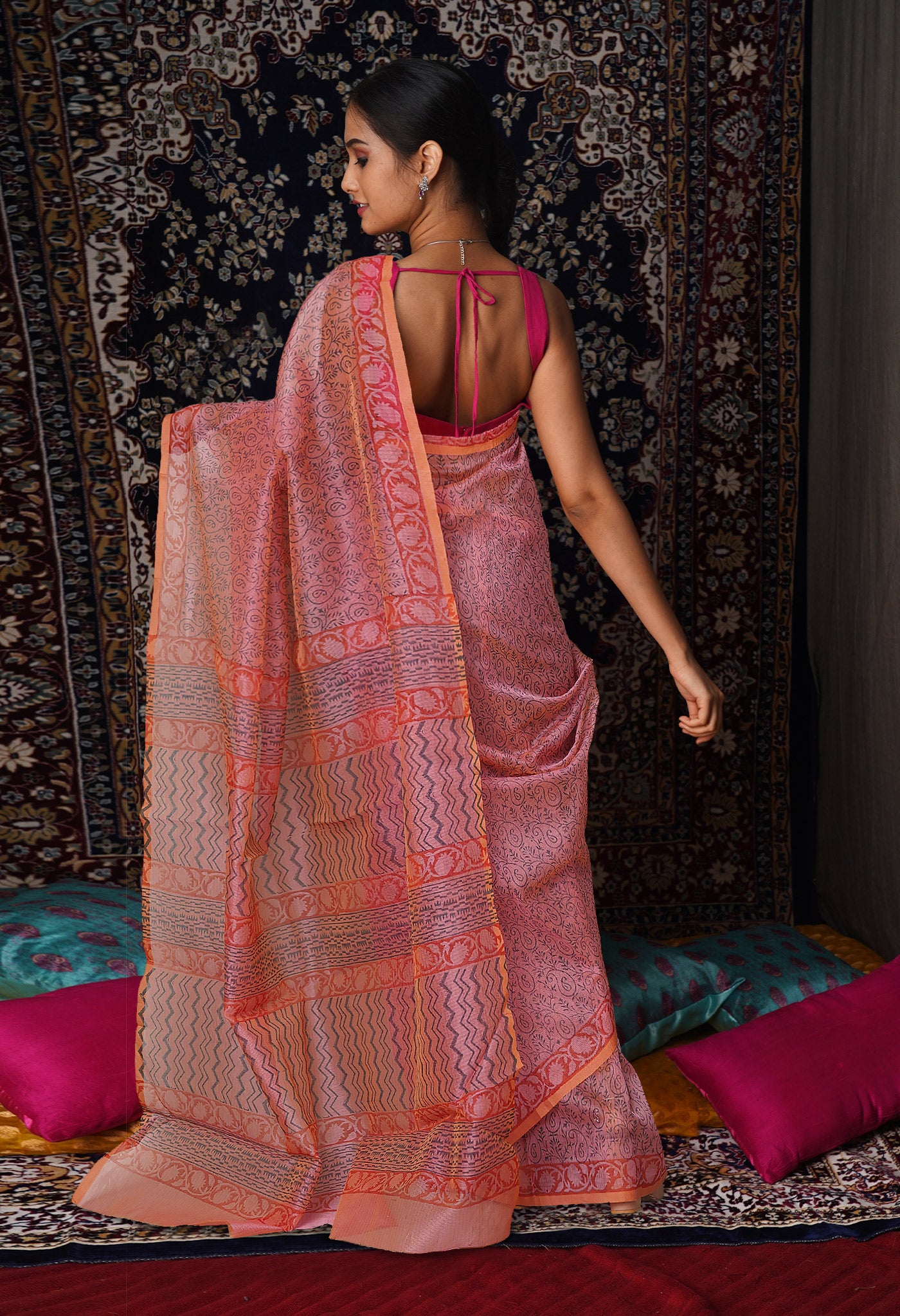 Pink  Block Printed Supernet Saree-UNM79442