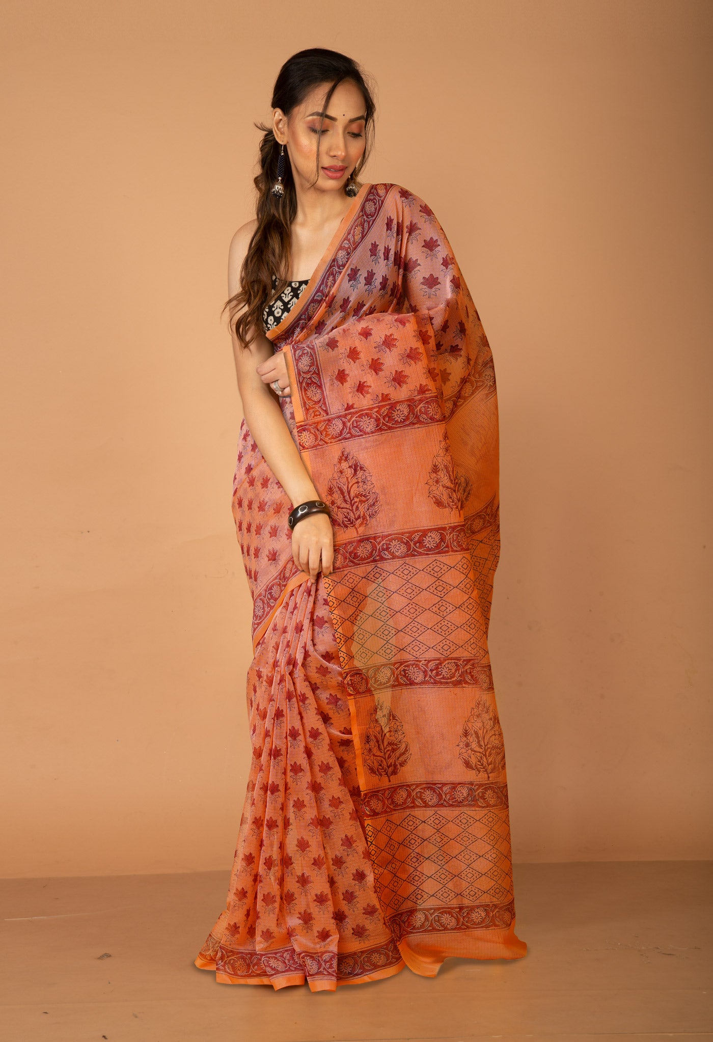 Orange  Block Printed Supernet Saree-UNM79447