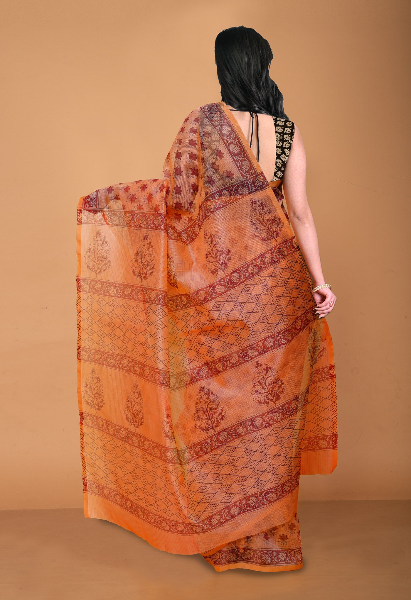 Orange  Block Printed Supernet Saree-UNM79447