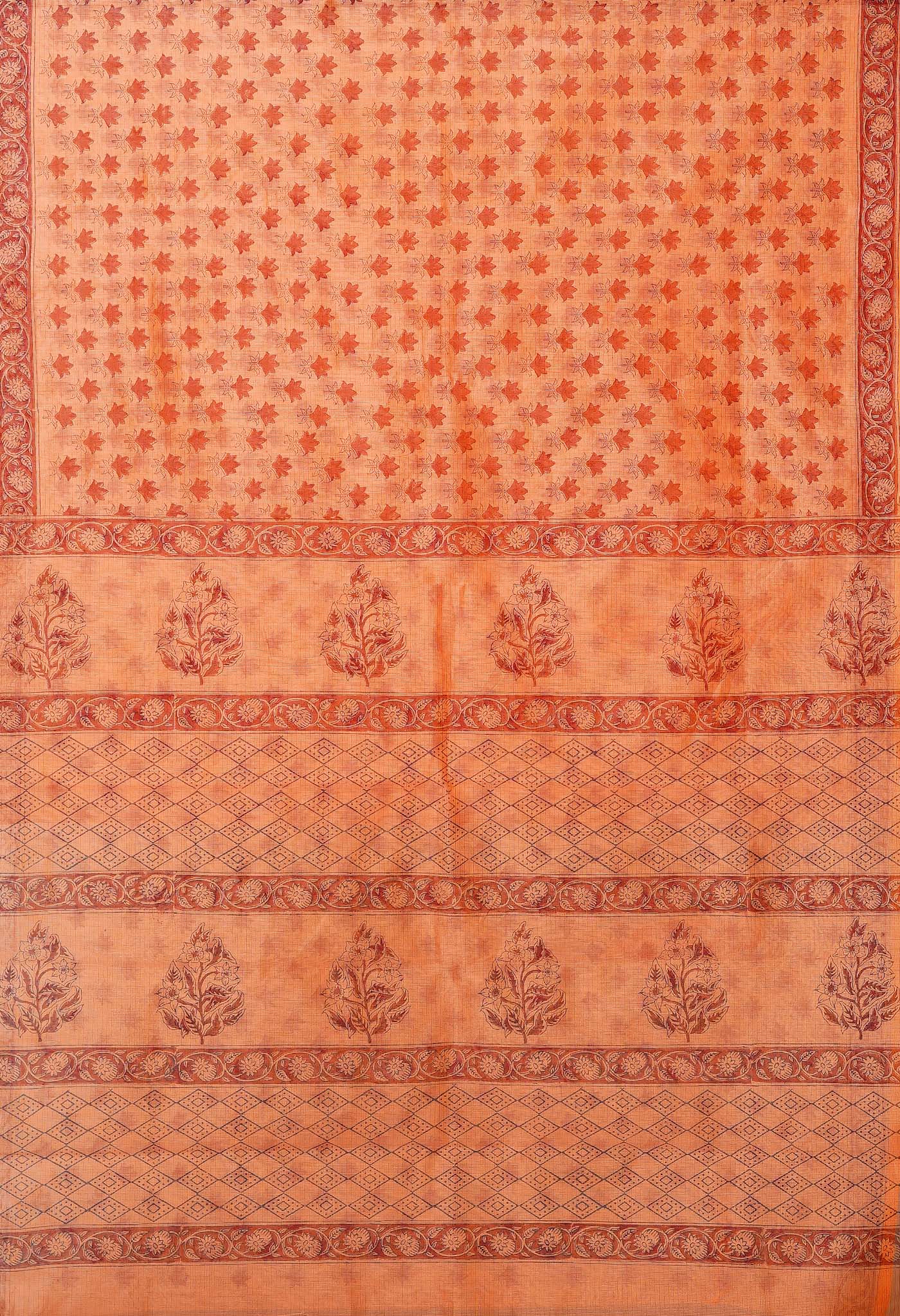 Orange  Block Printed Supernet Saree-UNM79447