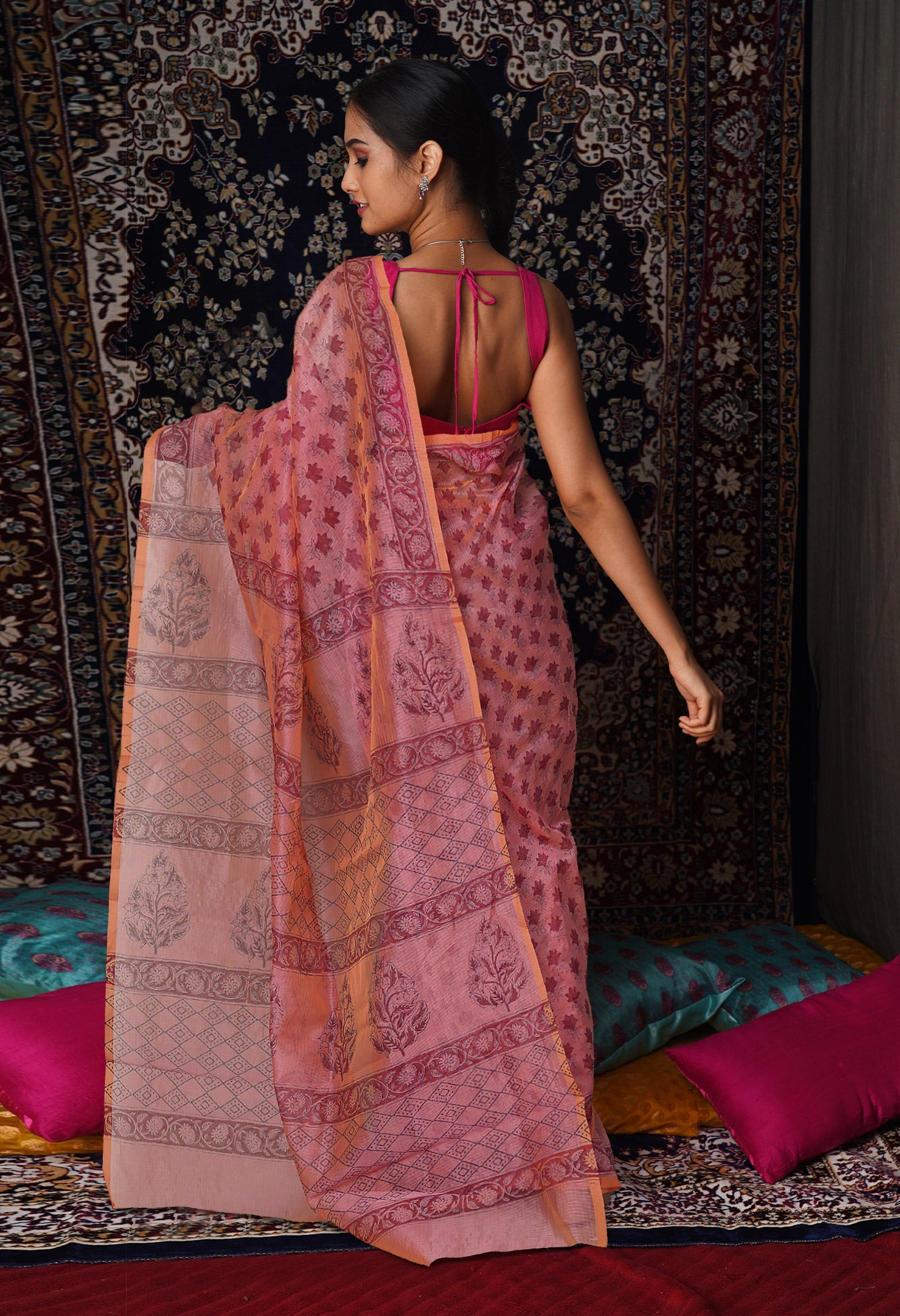 Pink  Block Printed Supernet Saree-UNM79450