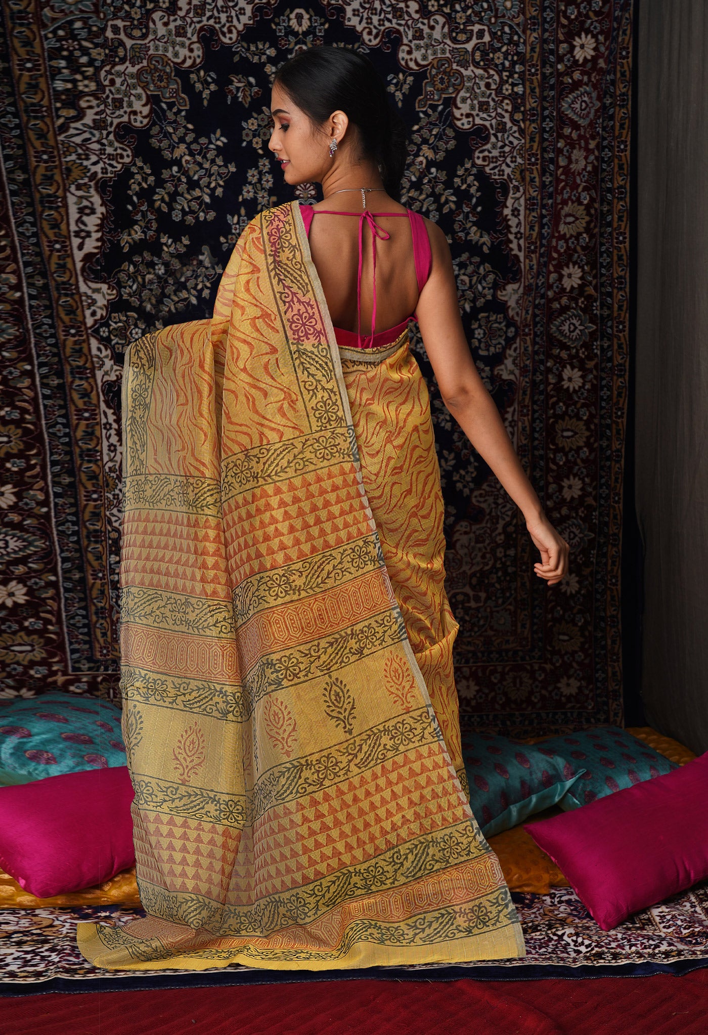 Green  Block Printed Supernet Saree-UNM79451