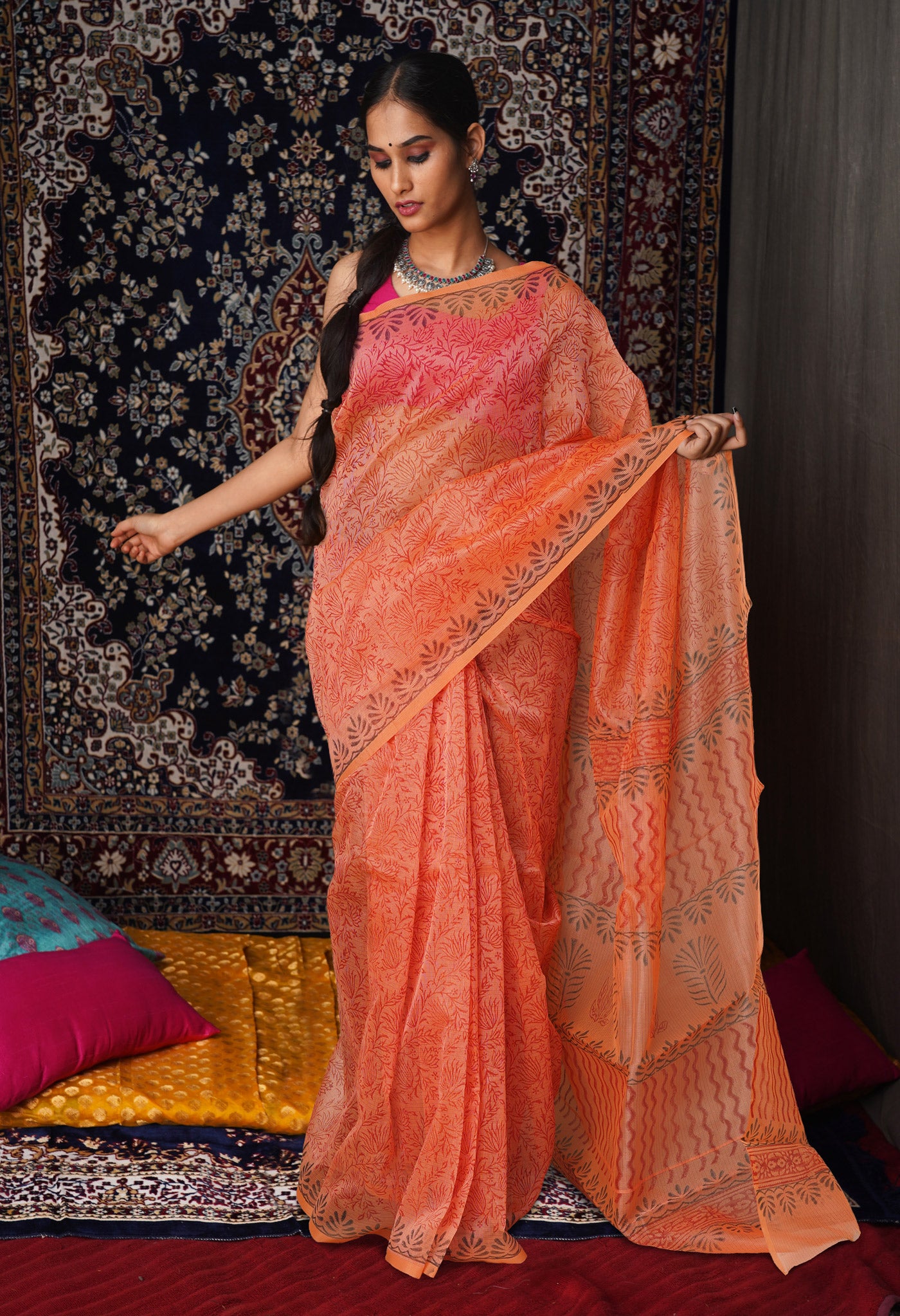 Orange  Block Printed Supernet Saree-UNM79455