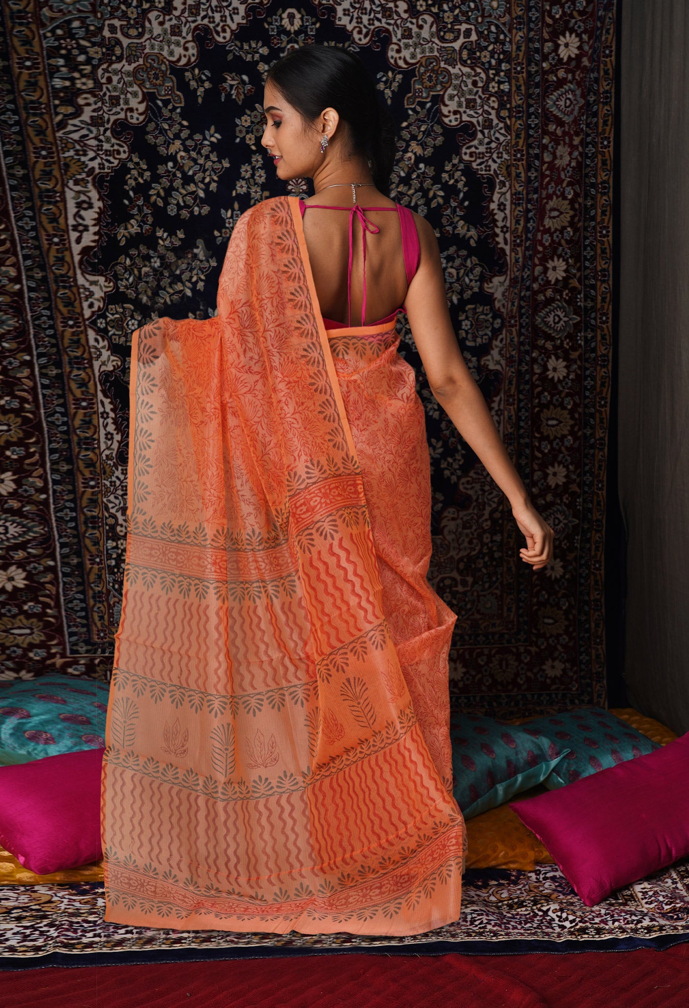 Orange  Block Printed Supernet Saree-UNM79455