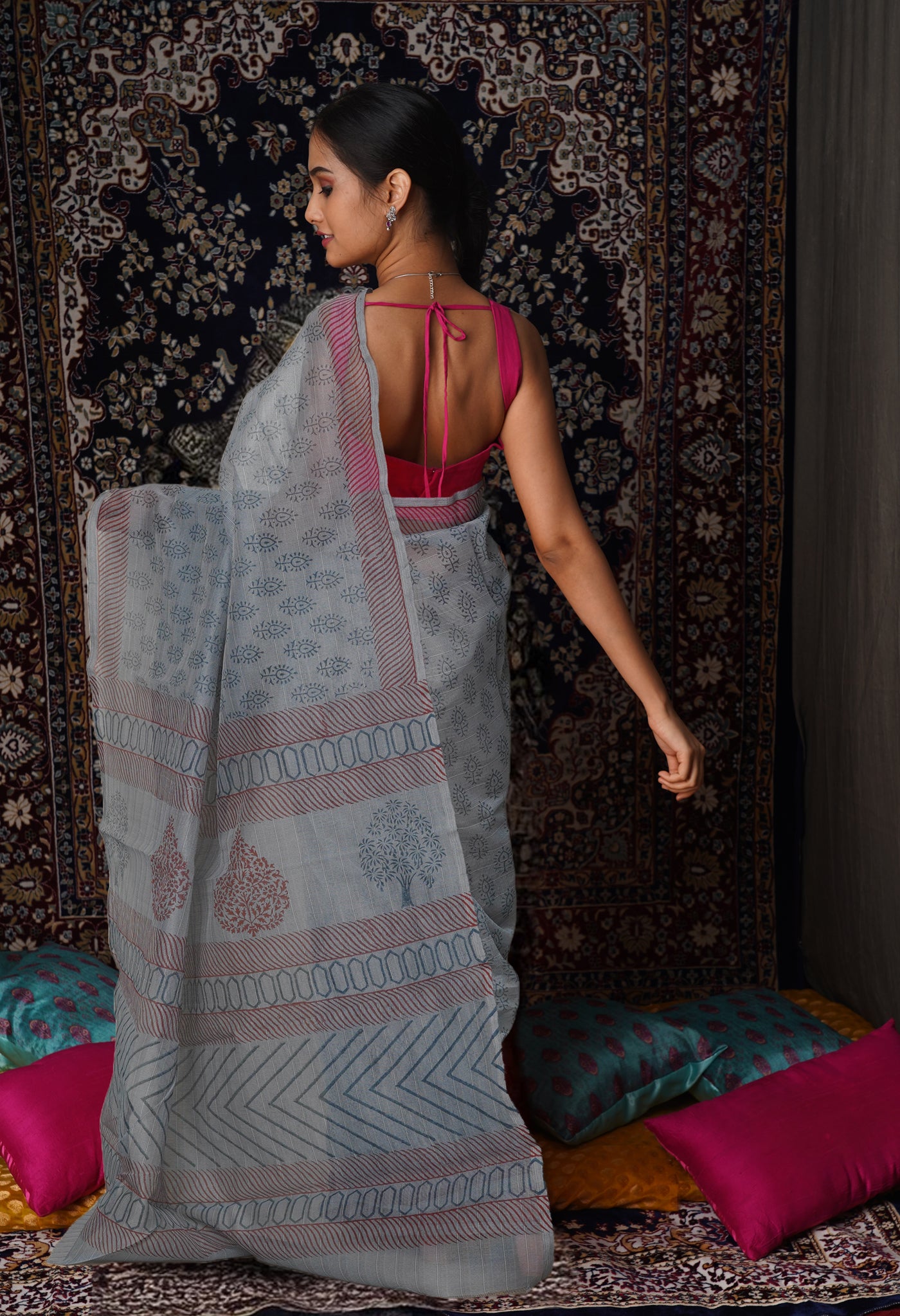 Grey  Block Printed Supernet Saree-UNM79456