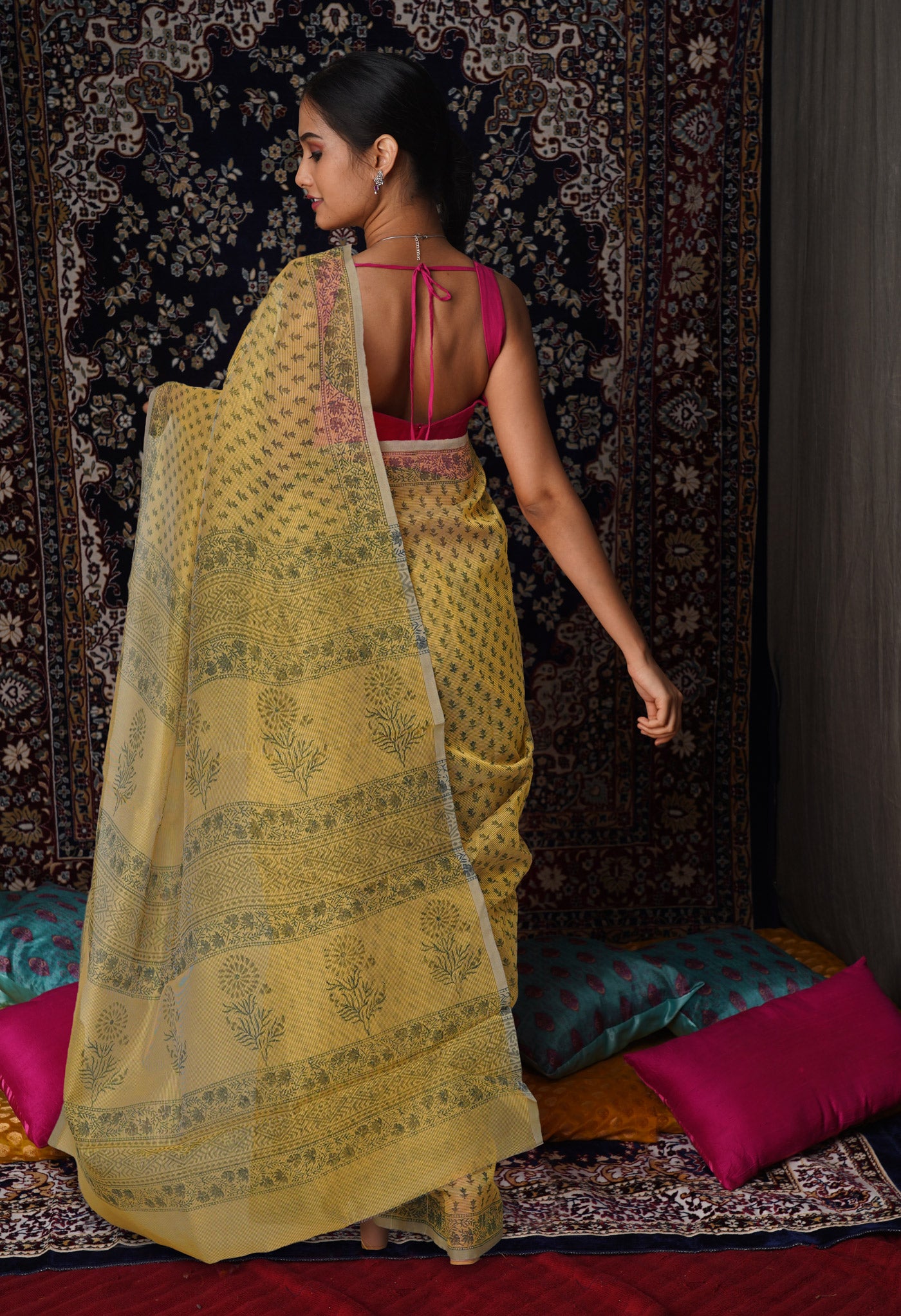 Yellow  Block Printed Supernet Saree-UNM79457