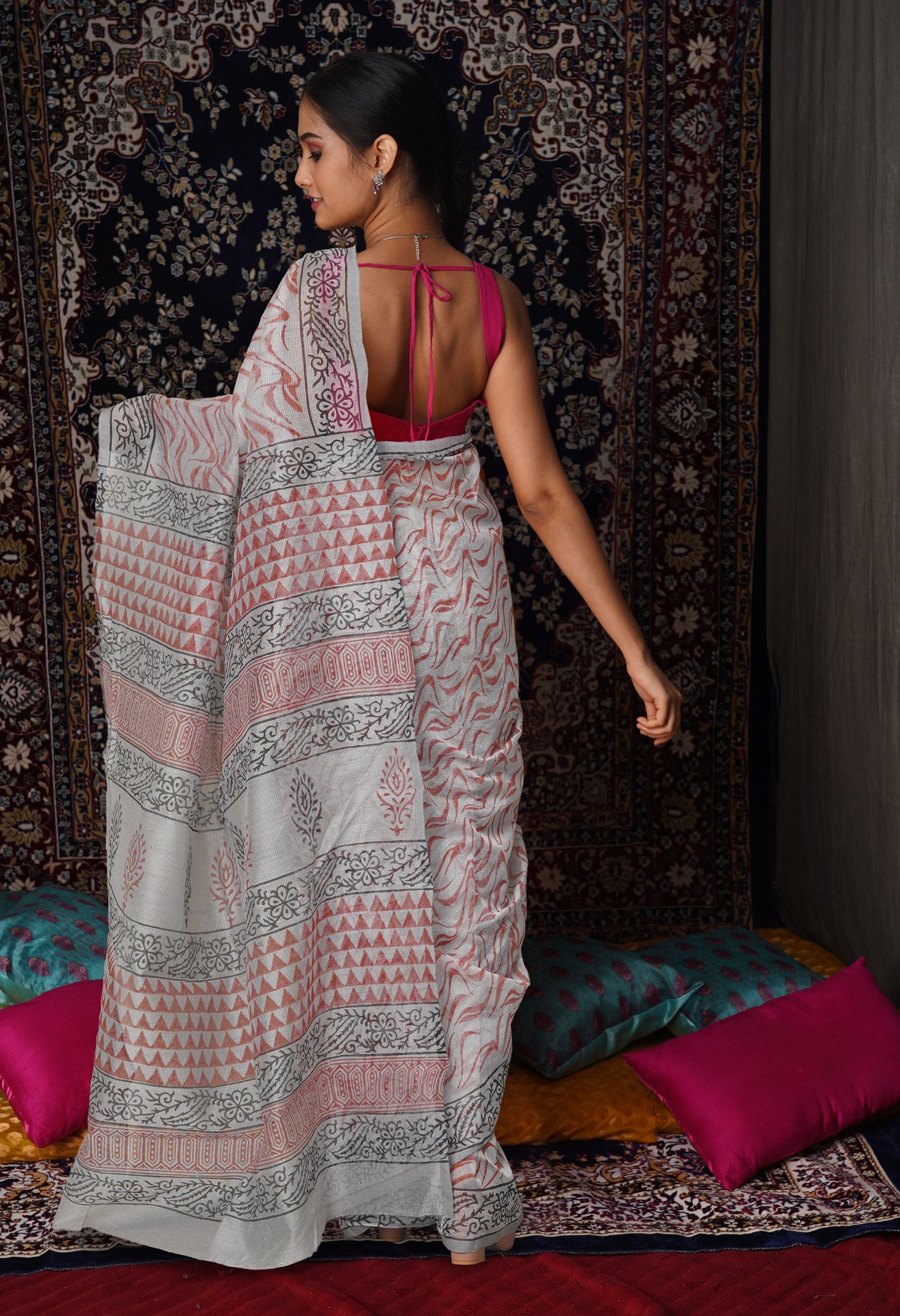 Grey  Block Printed Supernet Saree-UNM79459