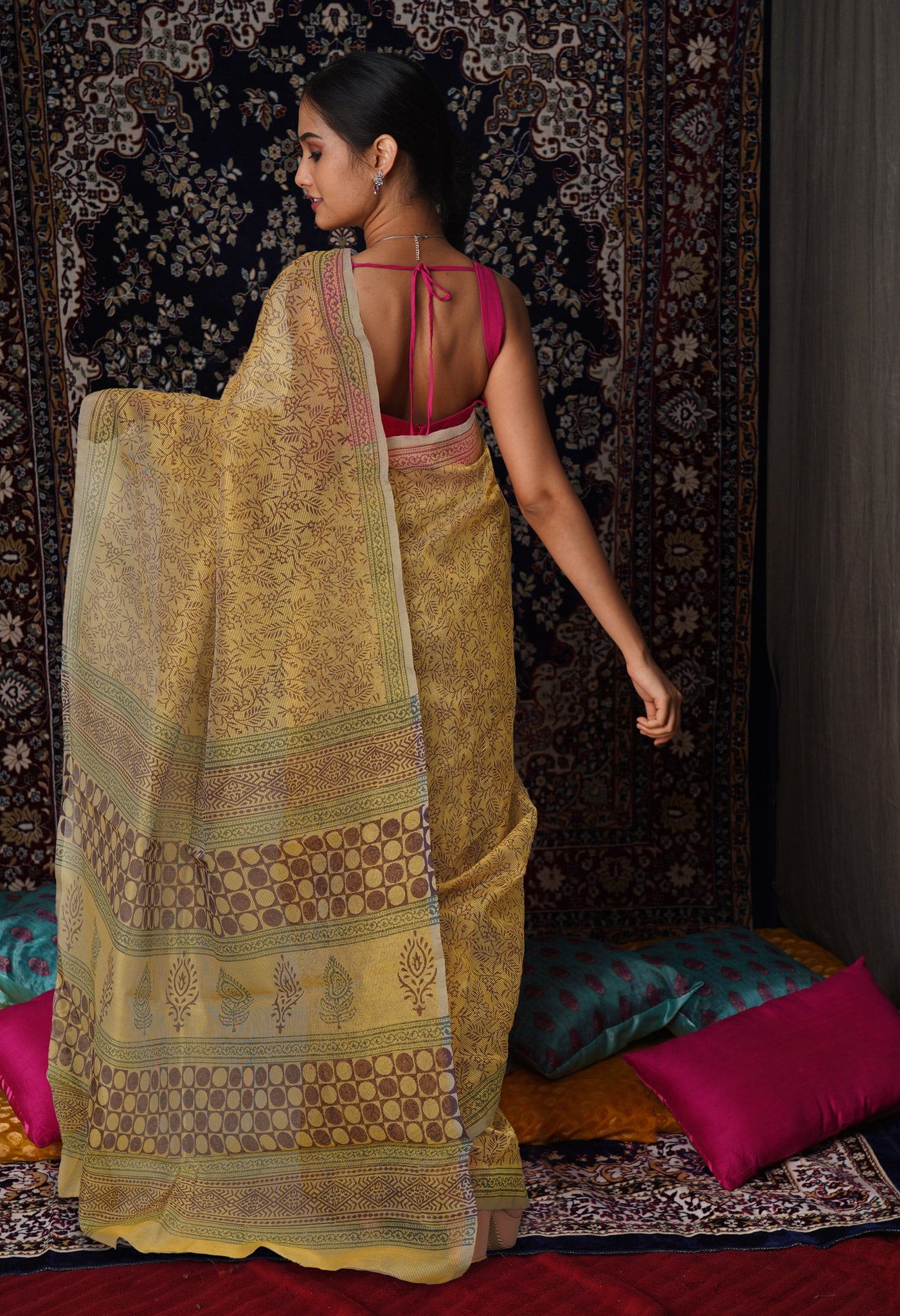 Yellow  Block Printed Supernet Saree-UNM79460