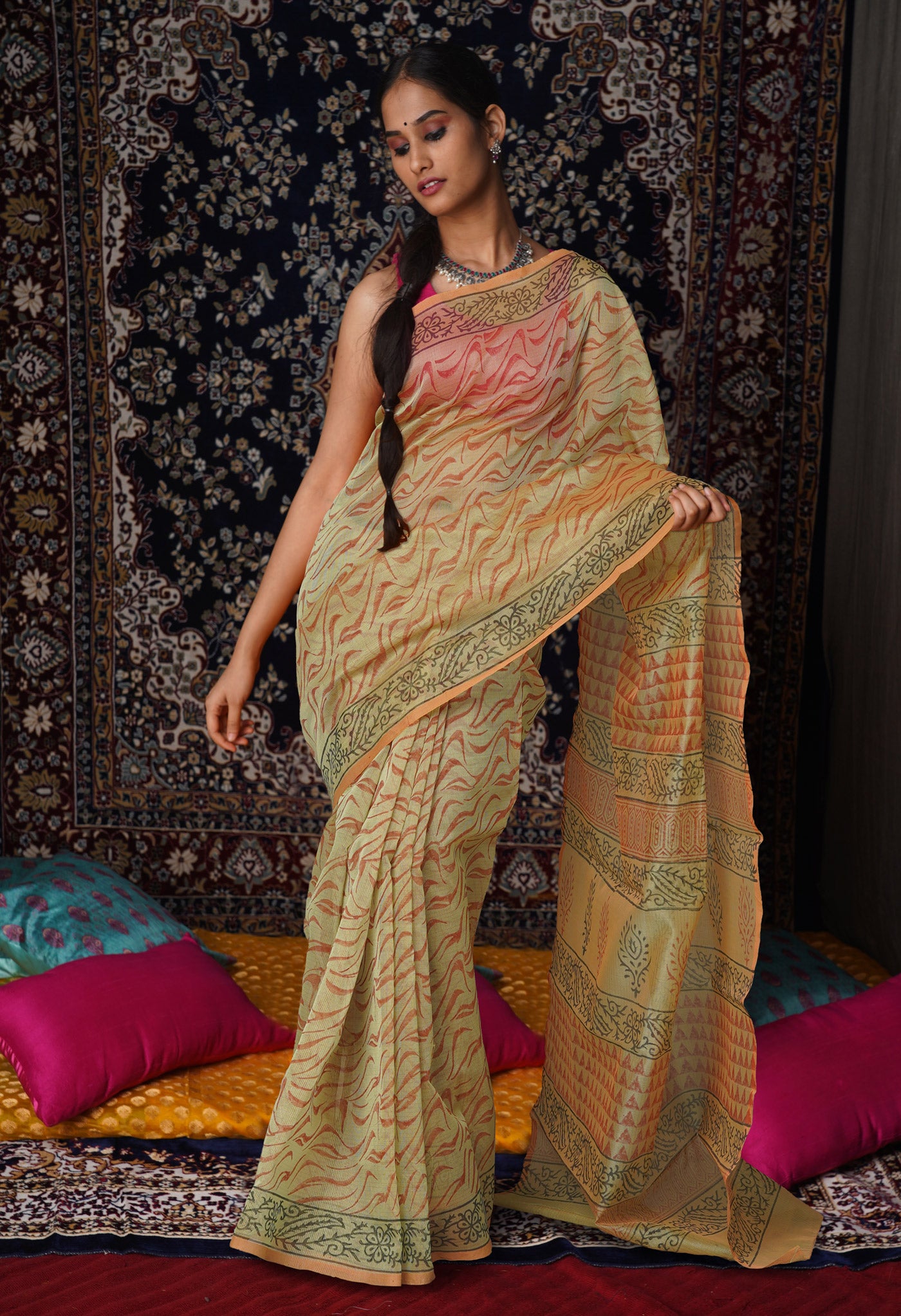 Yellow  Block Printed Supernet Saree-UNM79462