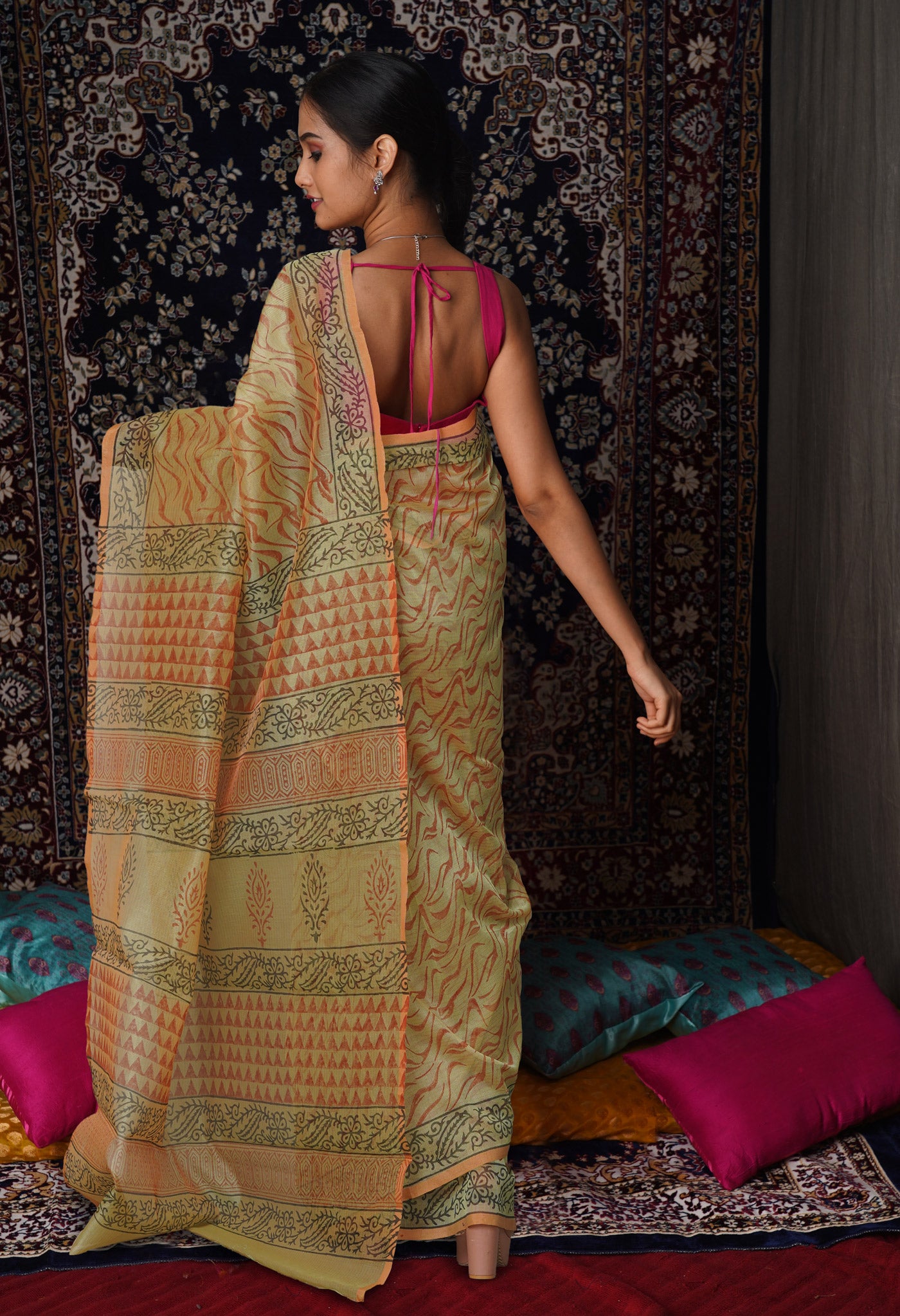 Yellow  Block Printed Supernet Saree-UNM79462