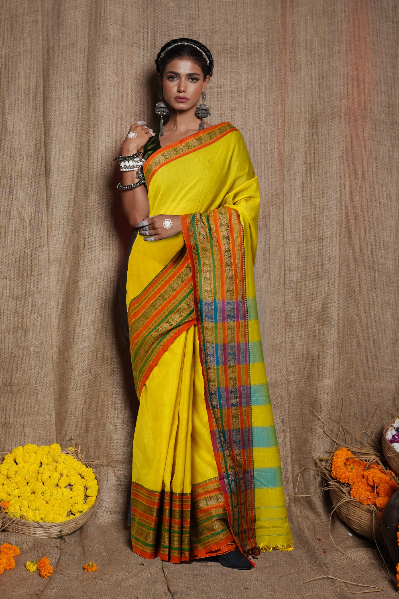 Lemon Yellow Pure Handloom Narayani Cotton Saree-UNM79490