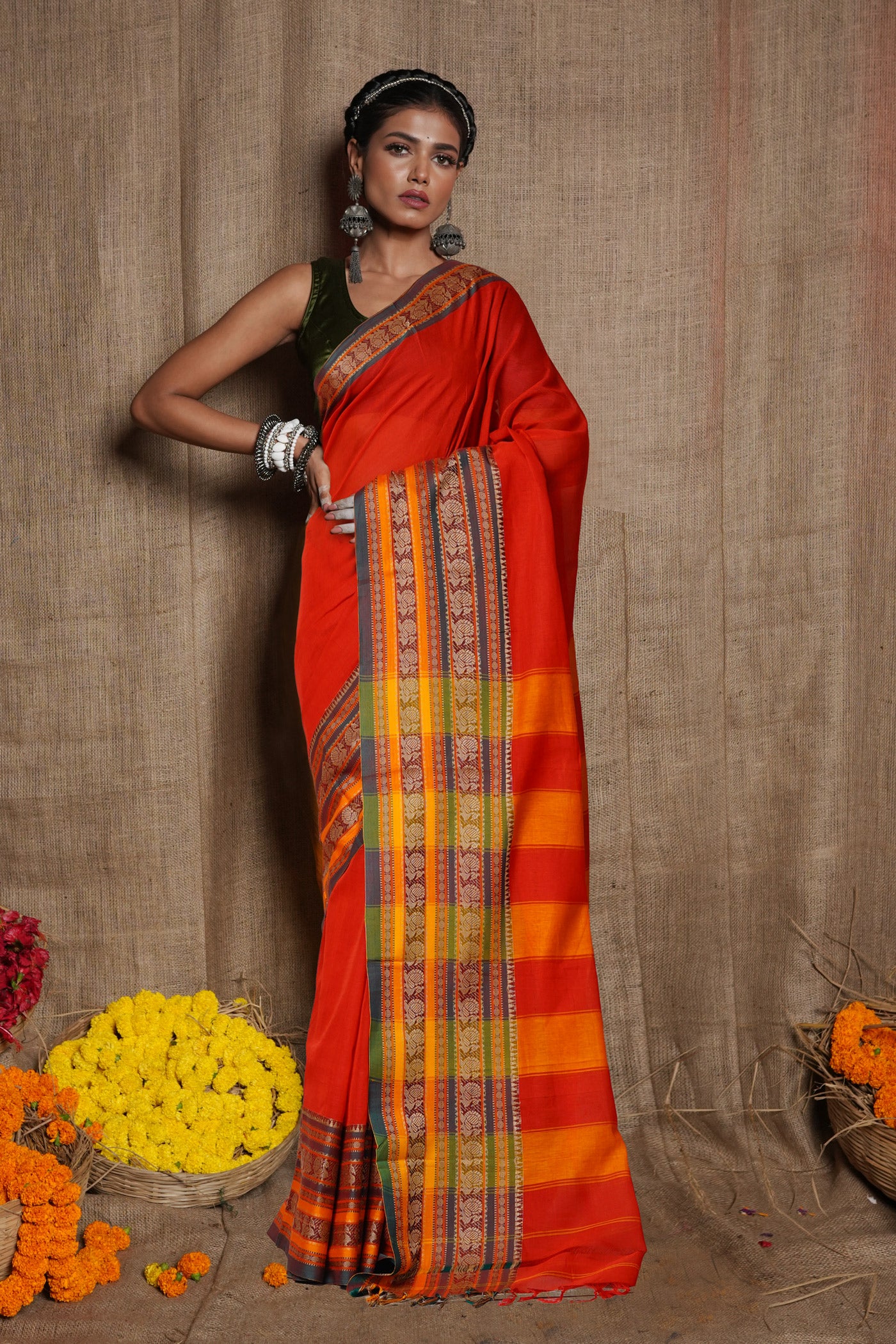 Red Pure Handloom Narayani Cotton Saree-UNM79497