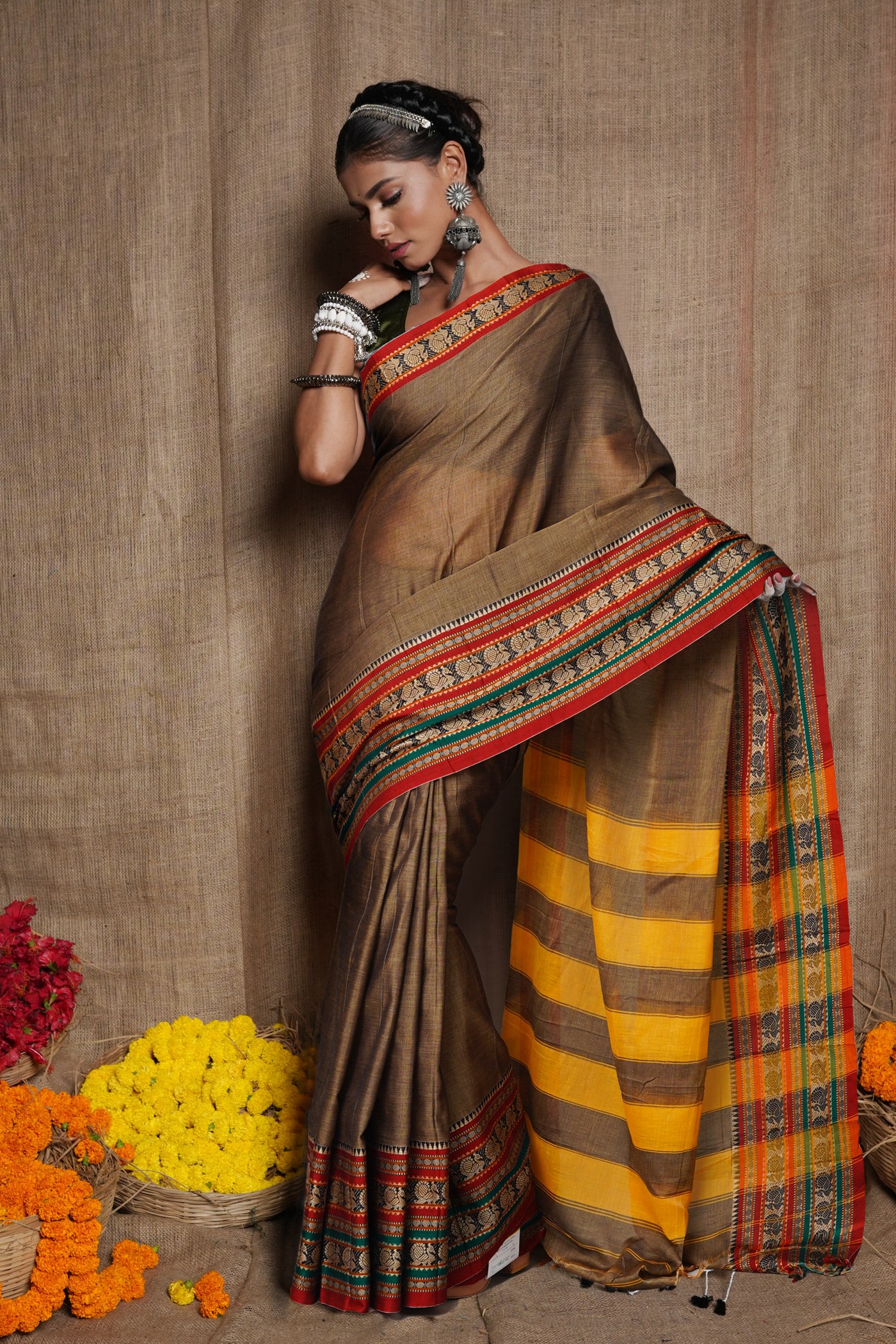 Brown Pure Handloom Narayani Cotton Saree-UNM79500