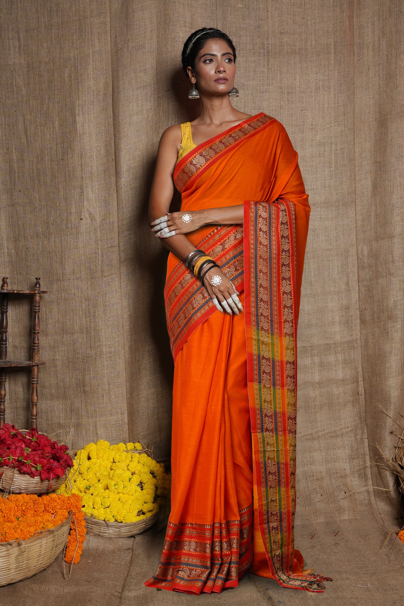 Orange Pure Handloom Narayani Cotton Saree-UNM79502