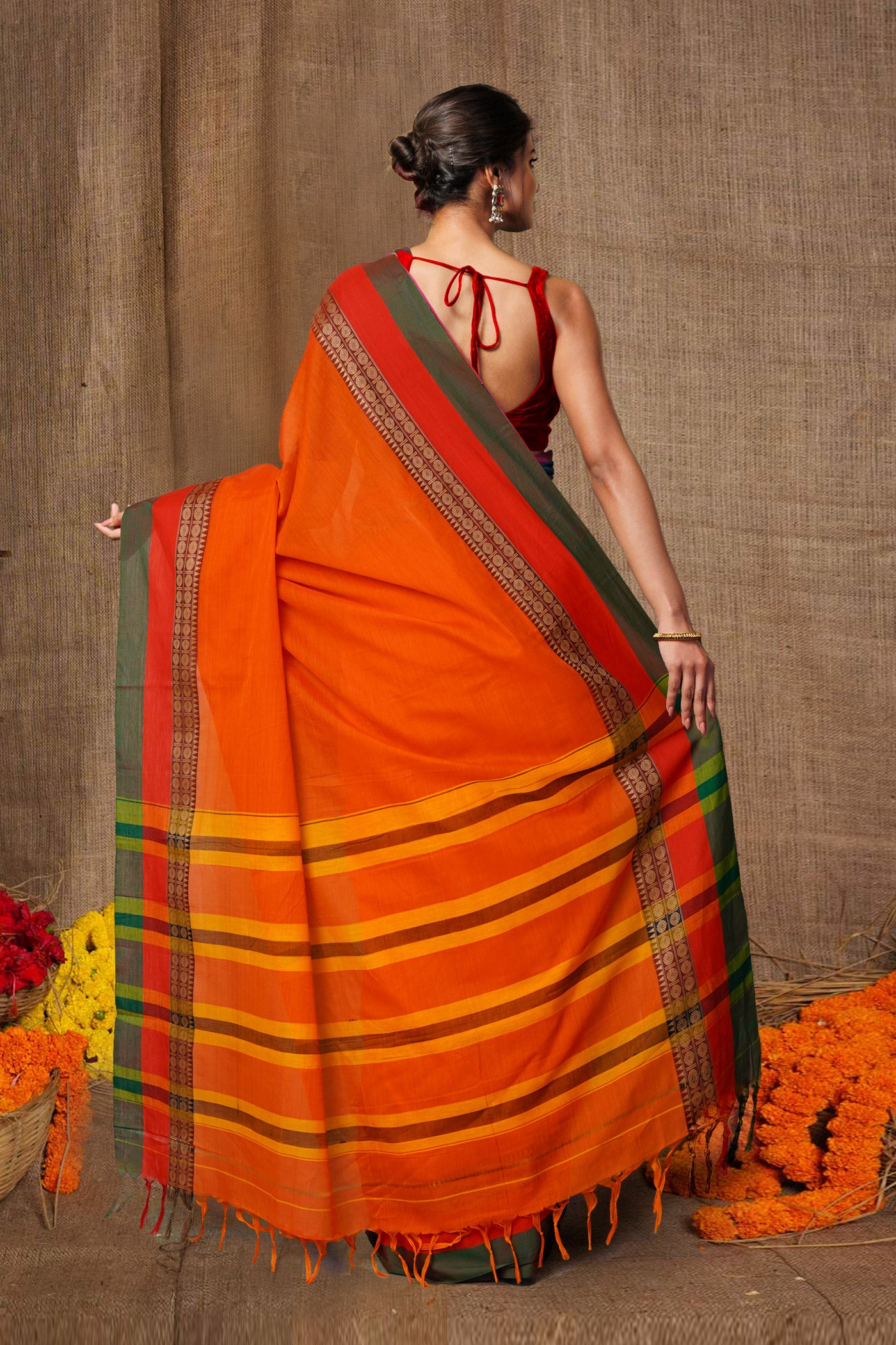 Orange Pure Handloom Narayani Cotton Saree