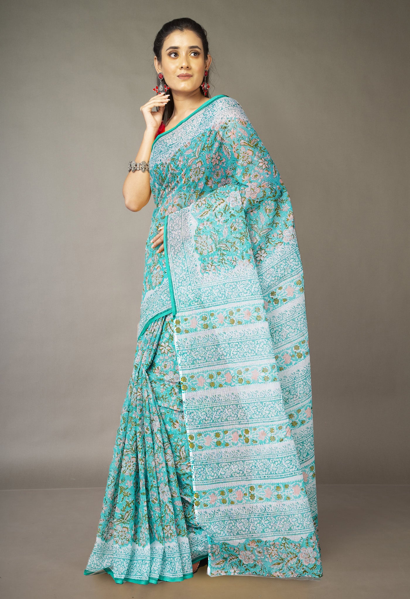 Green Pure Hand Block Printed Kota Saree