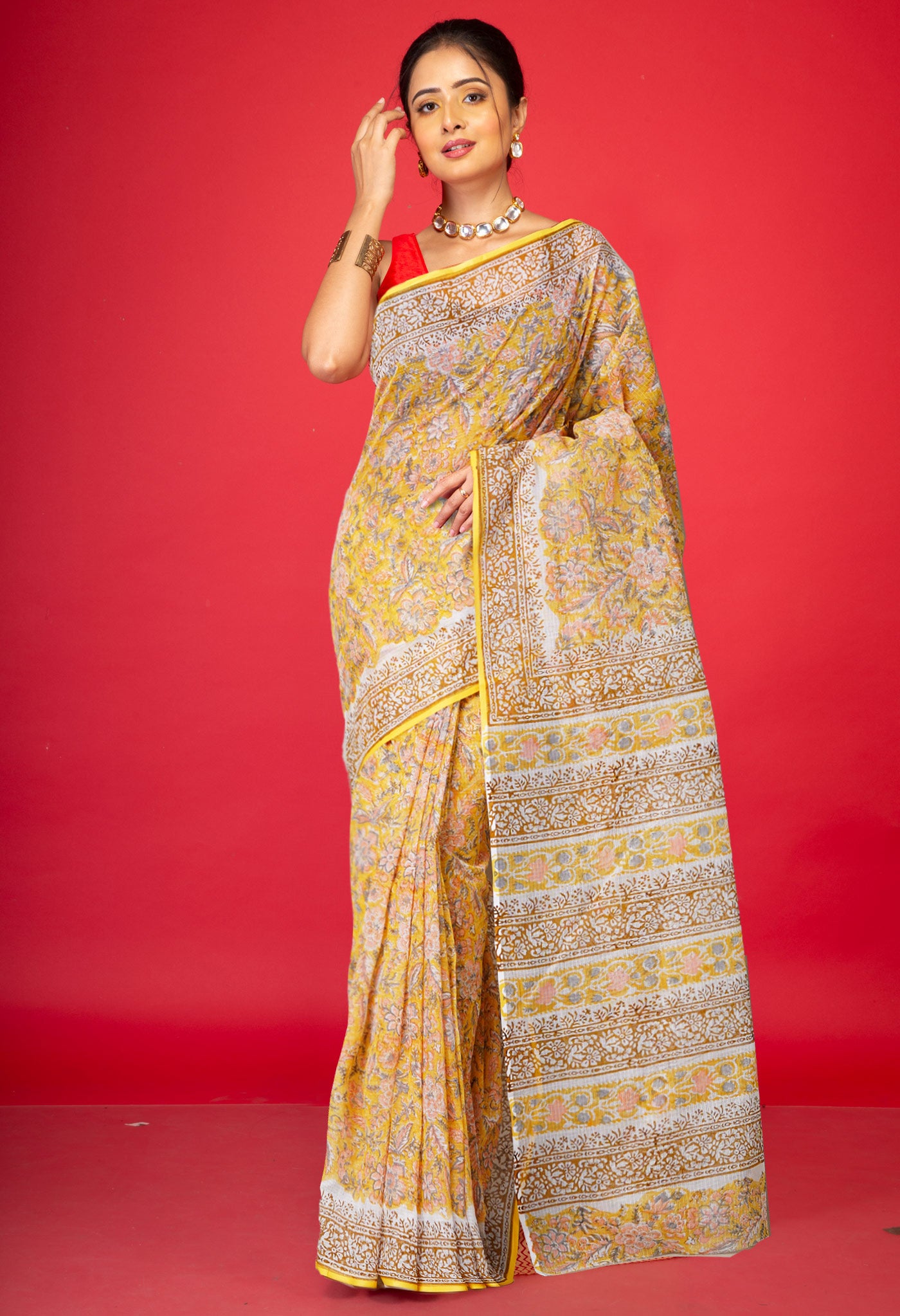 Yellow Pure Hand Block Printed Kota Saree