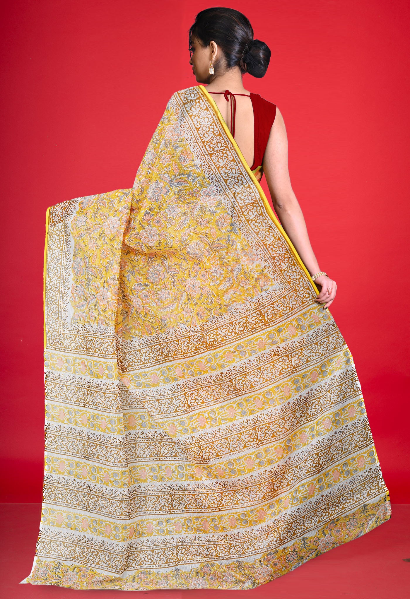 Yellow Pure Hand Block Printed Kota Saree