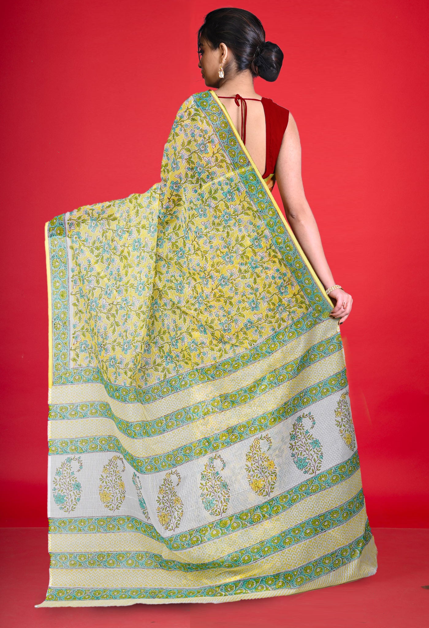 Yellow Pure Hand Block Printed Kota Saree