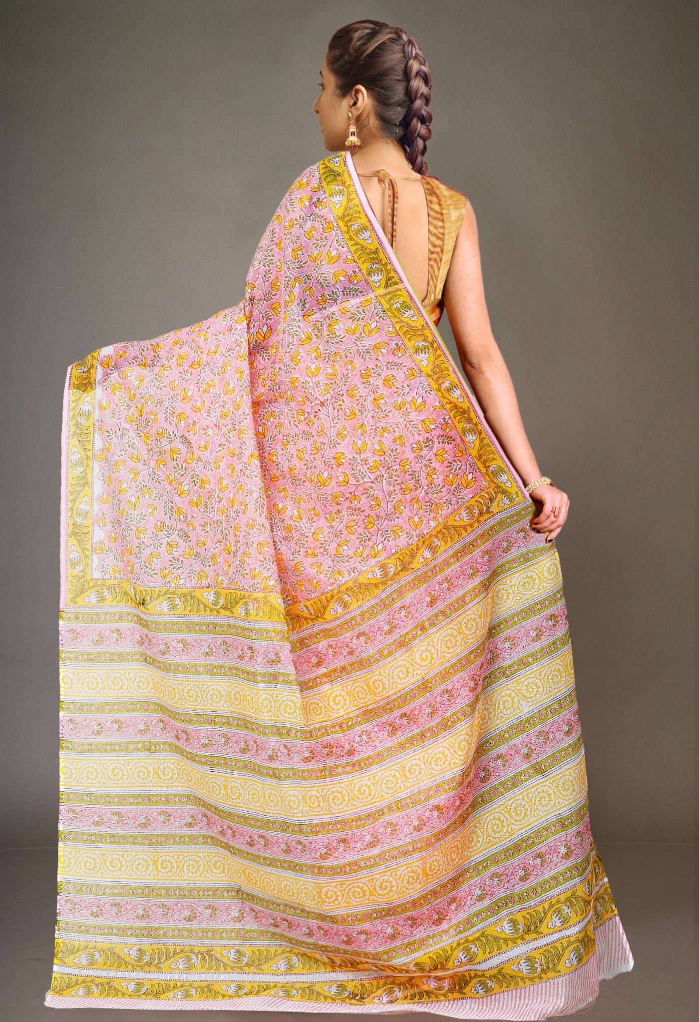 Pink Pure Hand Block Printed Kota Saree