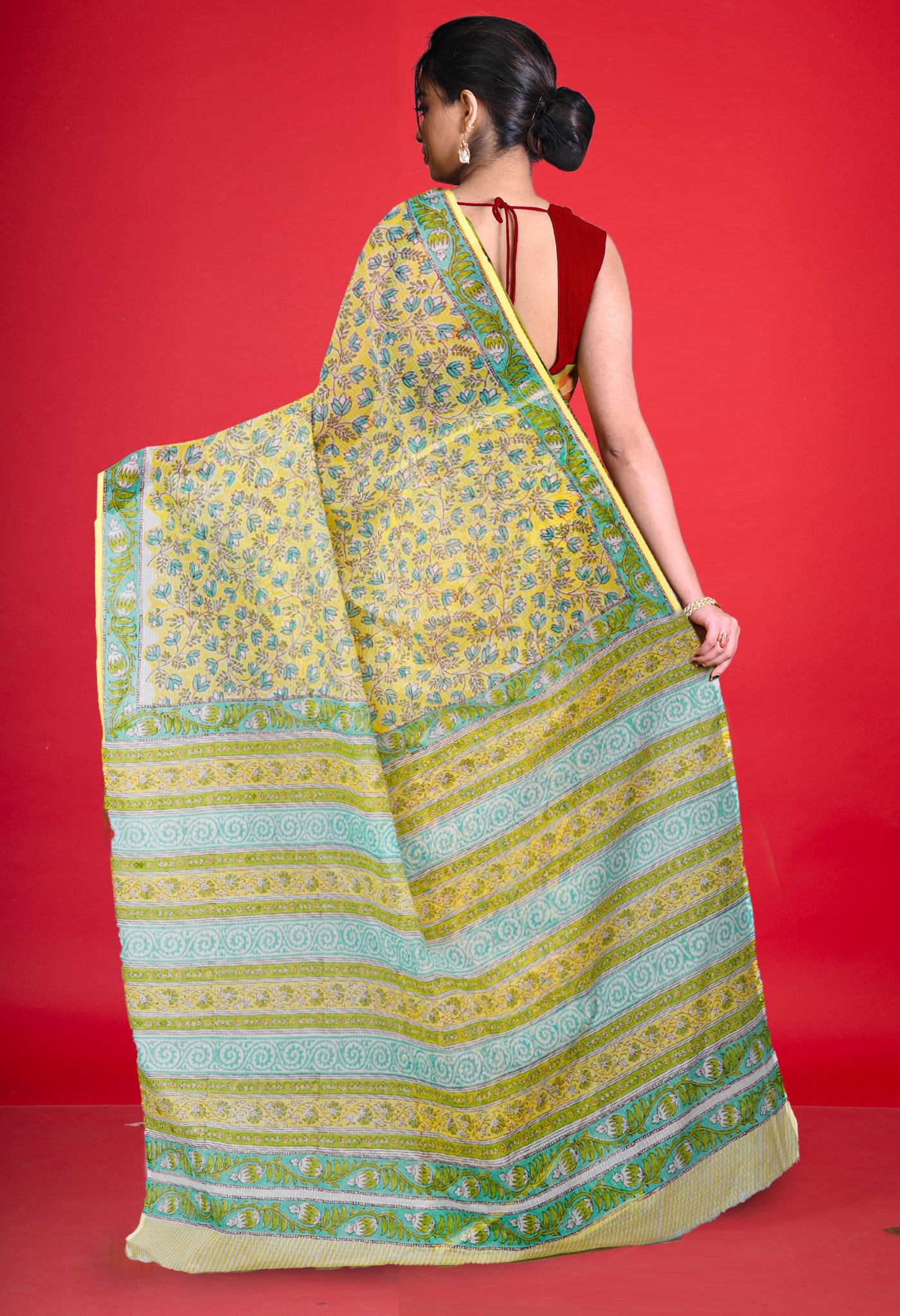 Yellow Pure Hand Block Printed Kota Saree