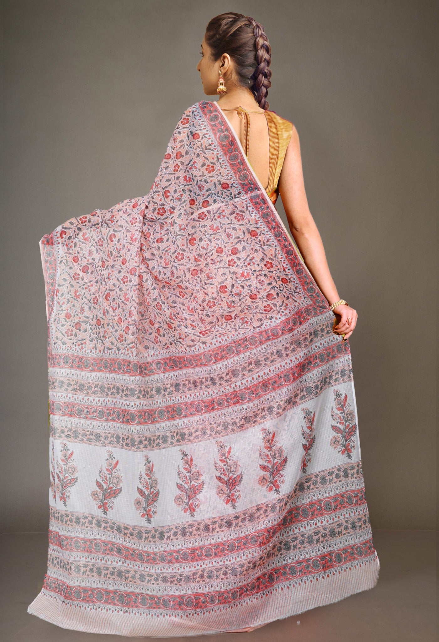 Orange Pure Hand Block Printed Kota Saree