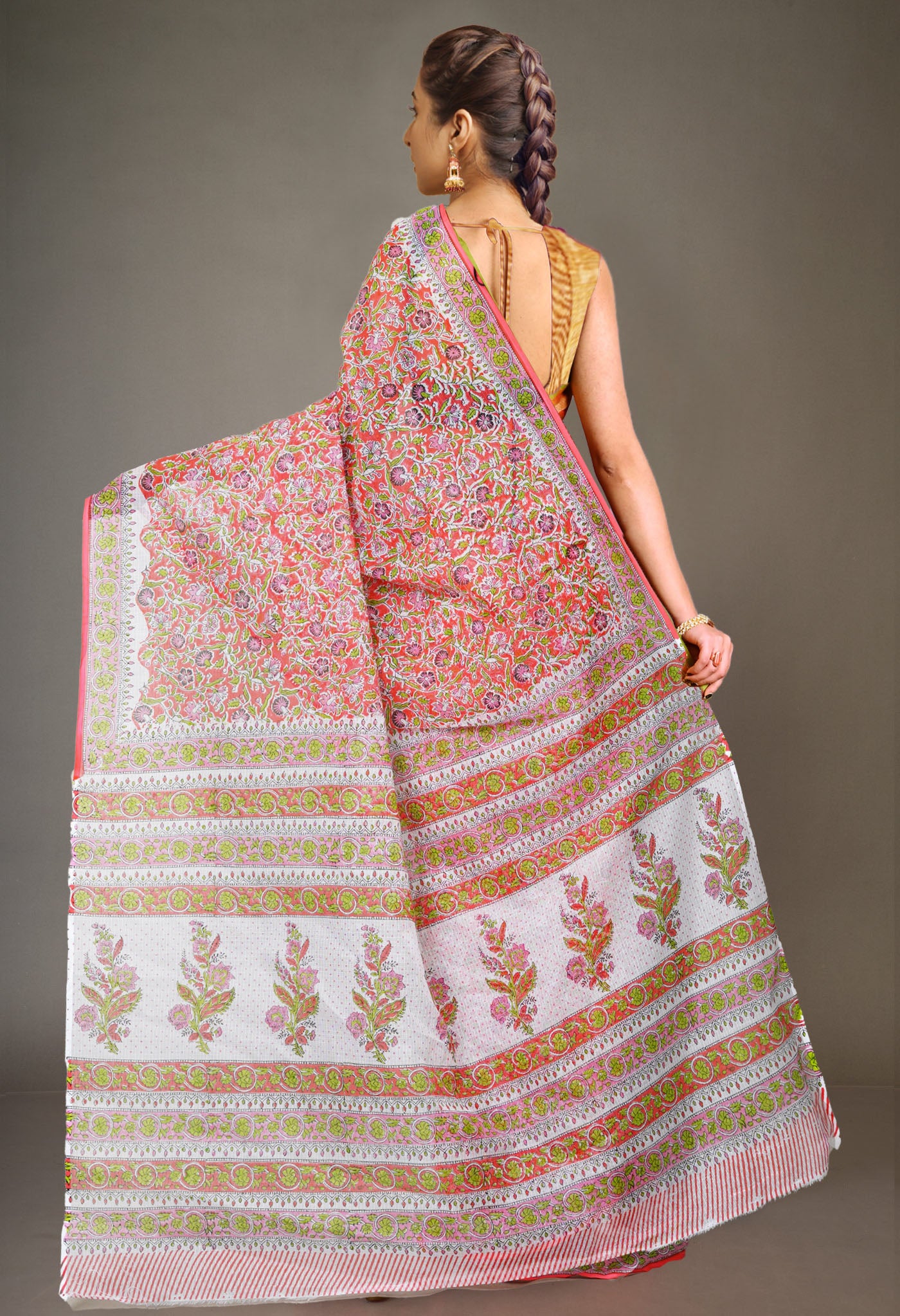 Pink Pure Hand Block Printed Kota Saree