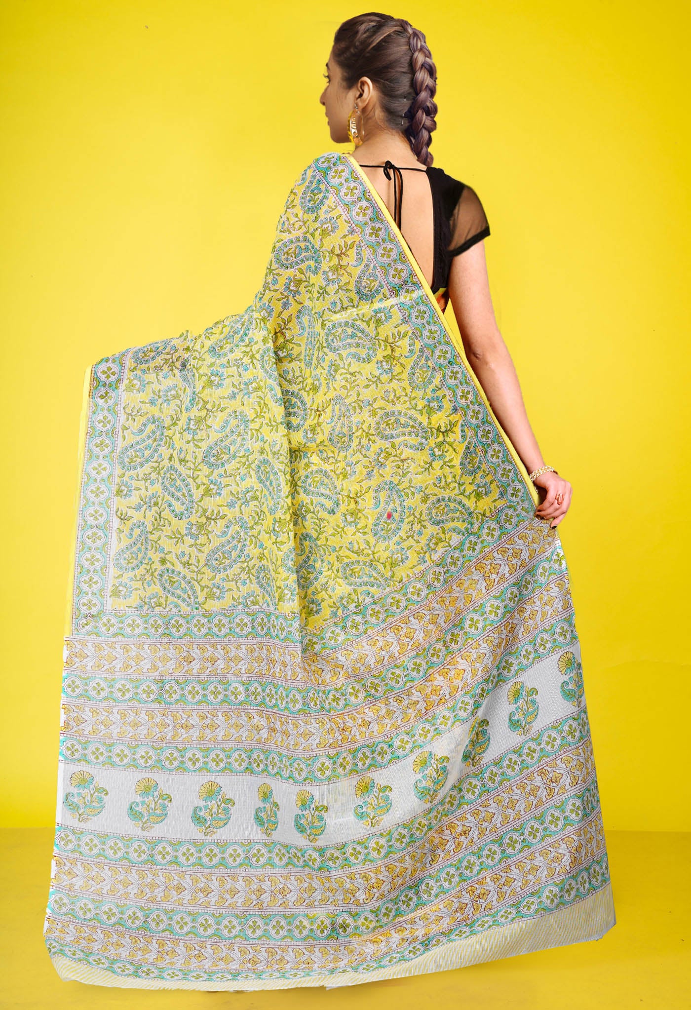 Yellow Pure Hand Block Printed Kota Saree