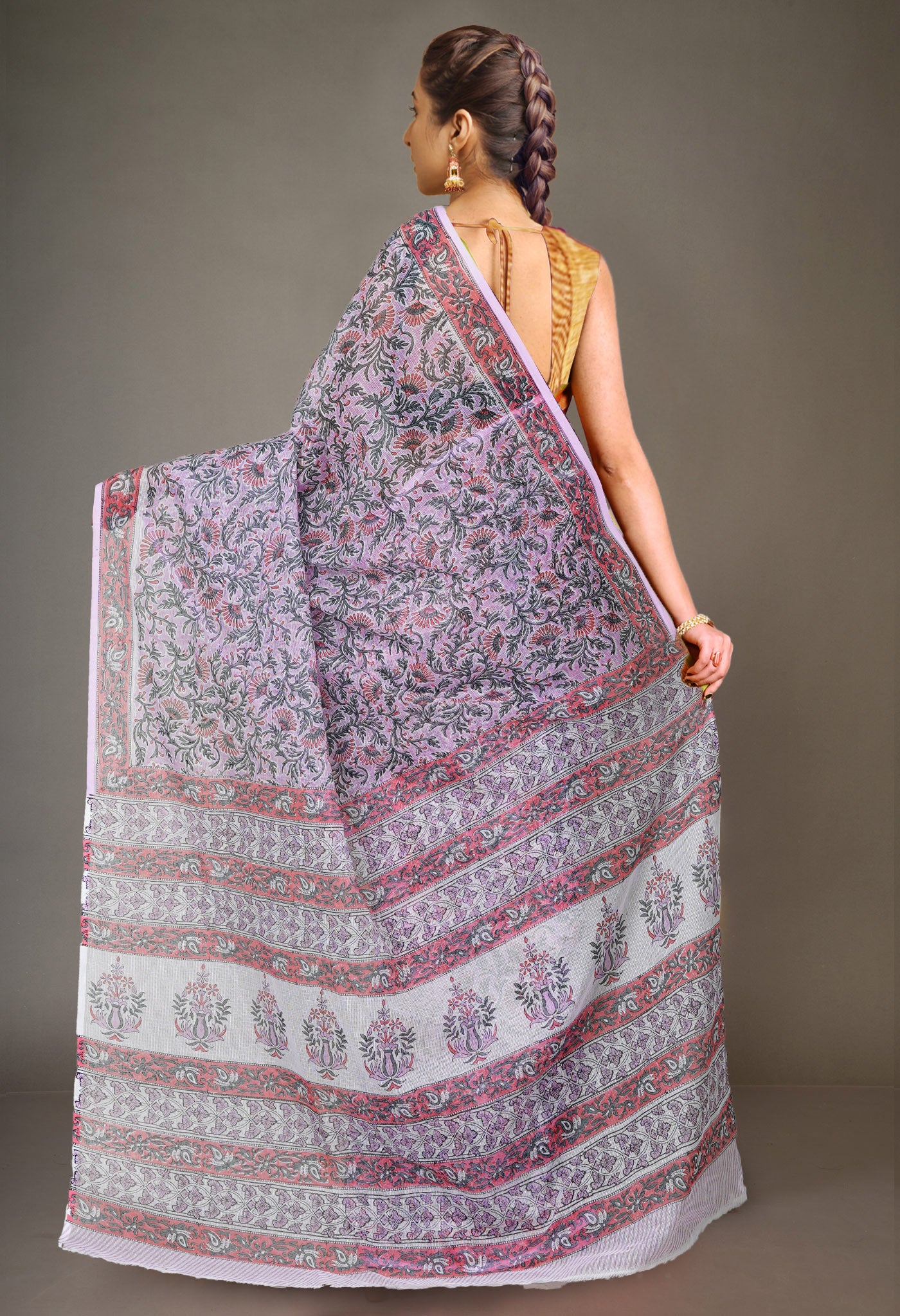 Purple Pure Hand Block Printed Kota Saree