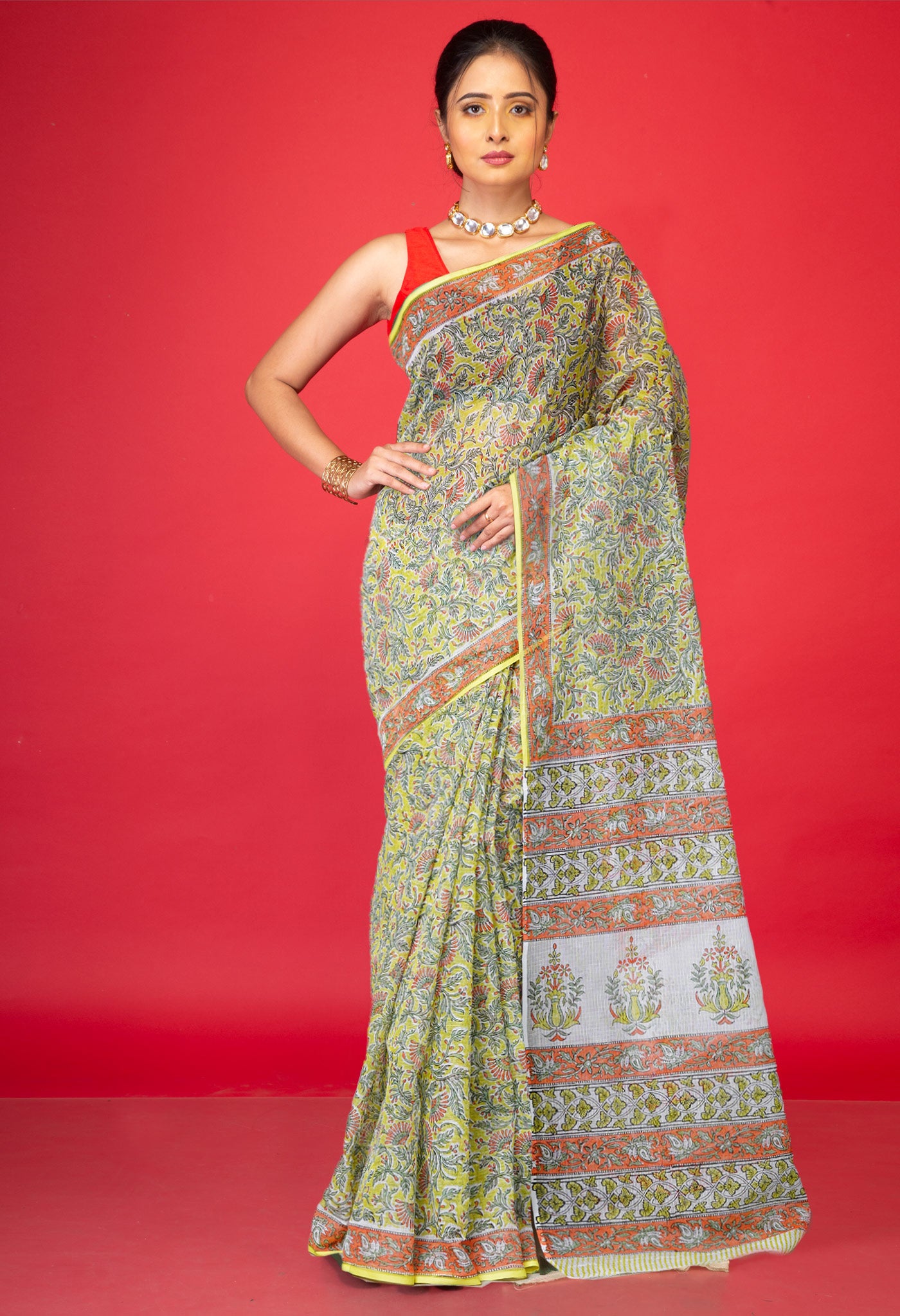 Green Pure Hand Block Printed Kota Saree