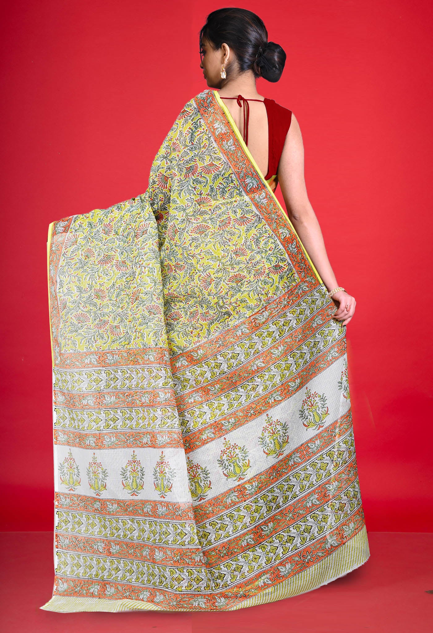 Green Pure Hand Block Printed Kota Saree