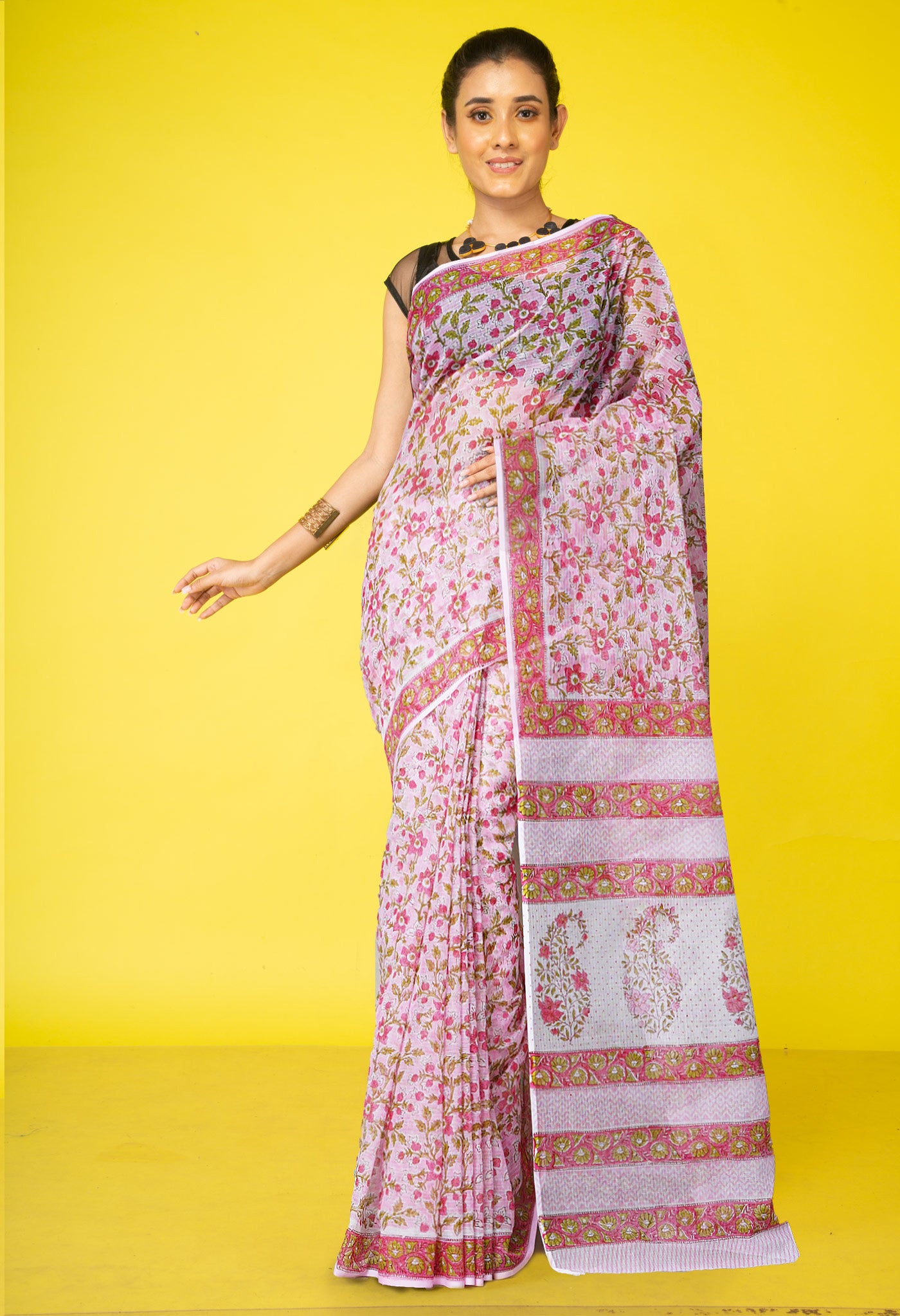 Pink Pure Hand Block Printed Kota Saree-UNM79546